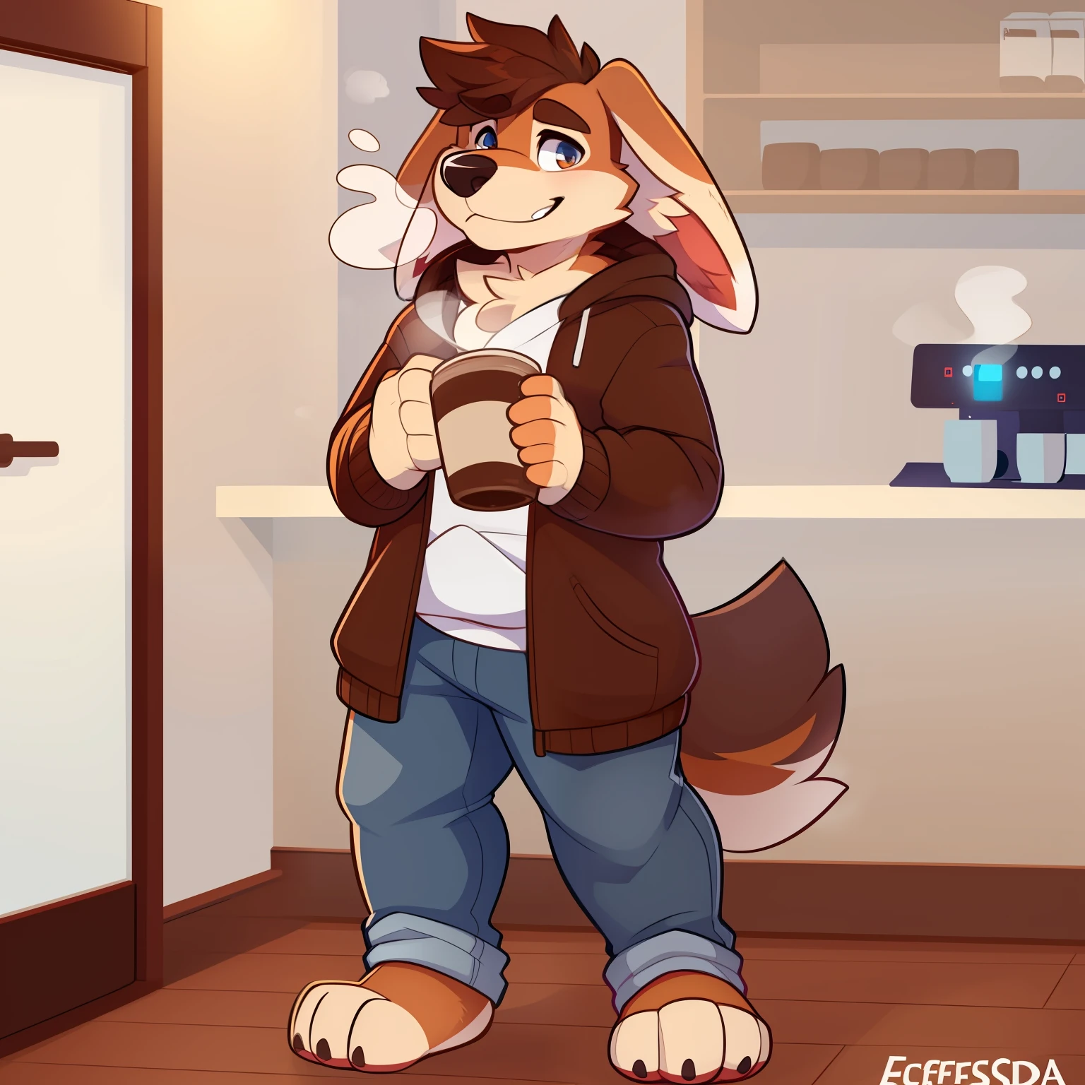 Solo, male, canine, coffee-colored, sausage-shaped body, big ears, perked up, alert, holding a cup of steaming coffee in paws, beard, brown fur, hoodie, jeans, standing, looking at viewer, by Coffeesoda, by SausageFox, by BeanBark, by MokaPup, by EspressoHound.

Detailed description:

In this captivating image, a solo male character is depicted as a coffee-sausage dog. His body is perfectly shaped like a sausage, with a charming coffee-colored coat that beautifully complements his big, expressive eyes. The sausage dog we