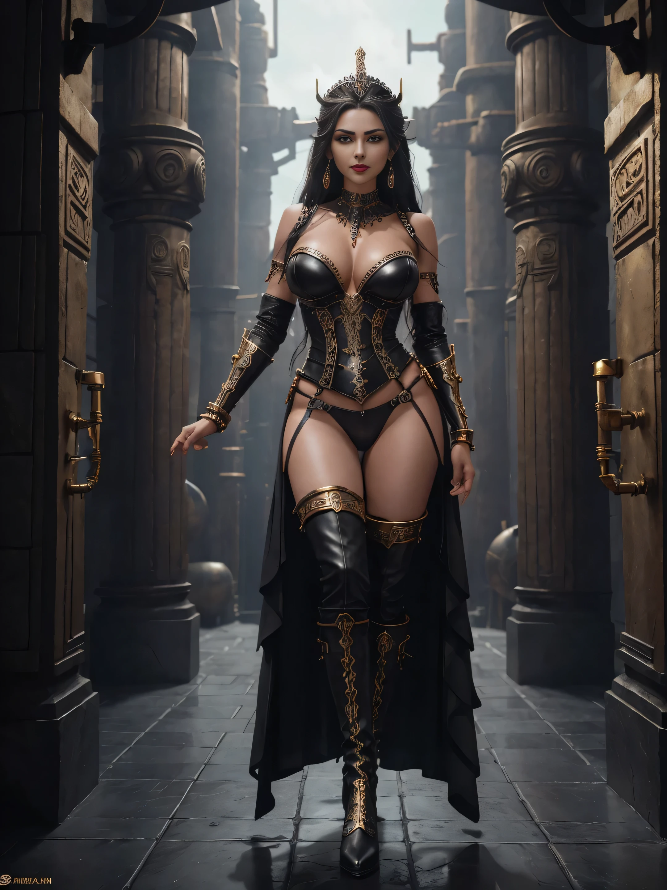 full body fantasy image ancient sexy beautiful aztec queen, black long braided hair, black big eyes, red full lips, full breasts, long graceful neck, white skin, long graceful thighs, scornful smile on her face, gold silver studded black leather armor with vuóis , wearing tall leather and metal boots, standing in front of complex alien alien machine, pipes, gears, smoke, steam, 3D, elaborate abro detail, dusk, foreboding, gloomy, futuristic