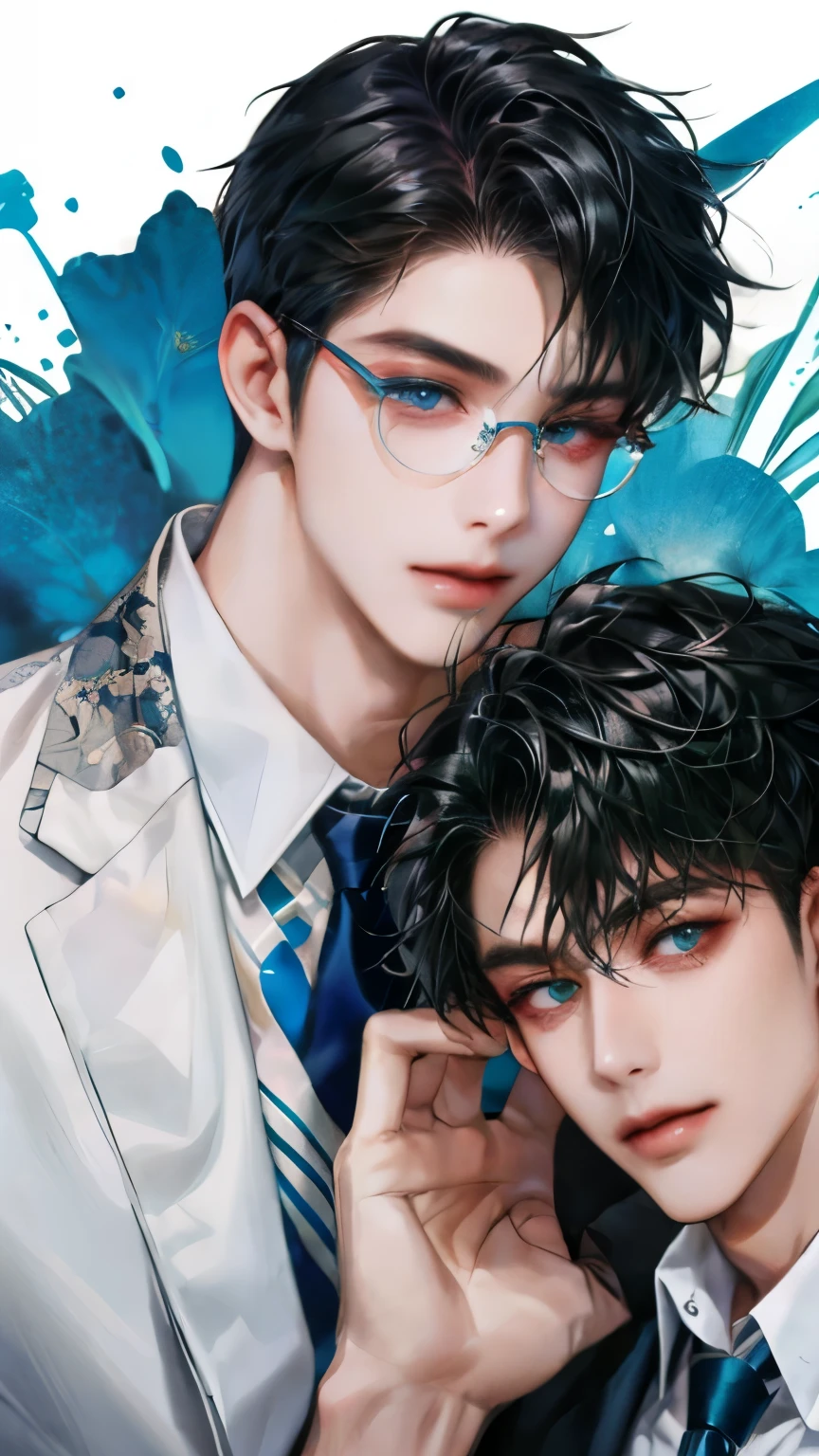 (2person, High quality, Ultra detailed, Careful with face) 2man together, boyslove, both gay man have different hairstyle and suit. A dominant and masculine handsome CEO and the other was delicate submissive glasses-man.