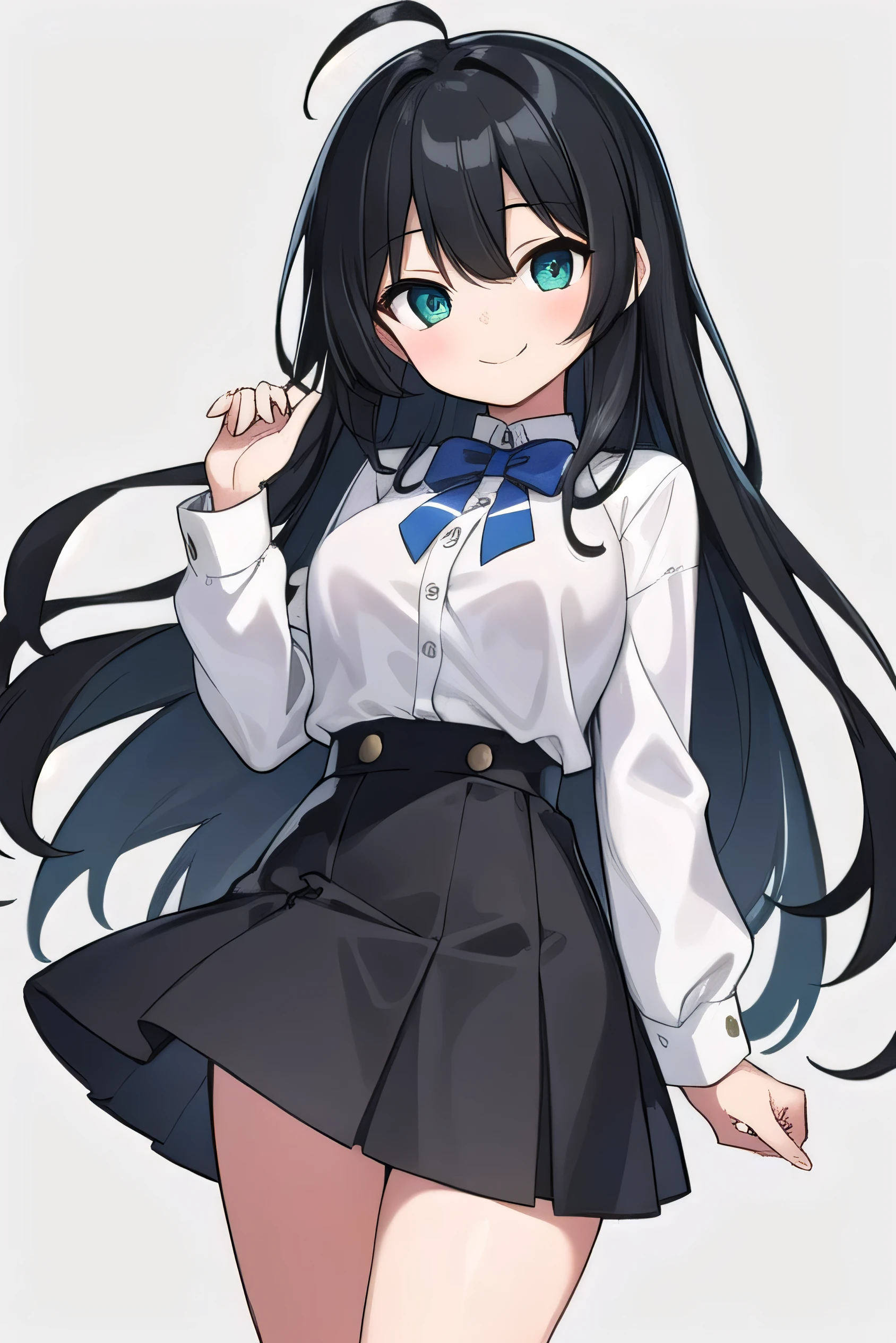  high schoolooks like an elementary school st short, 140 cm tall, black slight green tinge, short ahoge, beautiful long hair but with a little hair sticking out, beautiful round eyes, blue eyes, smile, boyish, long sleeves, Thick clothes, skirt, big breasts, hair longer than waist, long hair, childish face, gentle smile, a little shy, black skirt, black hair with a slight green tinge, boyish, gentle smile, jacket one size larger, ( Deep greenish black hair: 1.3)