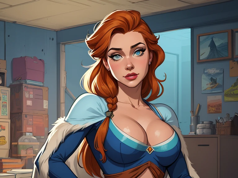Atompunk style woman character Fallout 4 Queen Anna of Arendelle with war scars Cartoon image of a woman .Illustrates??cartoon style, cartoon art style, cartoon art style, digital illustration style, atompunk style highly detailed character design, courage detailed digital art, Forest fan art, Portrait Character Design, beautiful digital illustration, high-quality portrait, comic book art, young woman with beautiful hair . Queen Anna of ArendelleBeautiful lined eyes Medium large bust and wonderful sexy clothes. image expression of sexual desire from waist to head illustration Queen Anne of Arendelle atompunk style Fallout 4