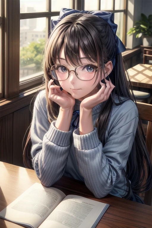 tableトップ, highest quality, Super-resolution、8K,One Girl, alone, Long Hair, Wearing glasses,window, Sitting, indoor, table, Sleeves are longer than the wrist, Cafe, Hair Bow, Headrest, Mouth closed, Blue sweater, Upper Body