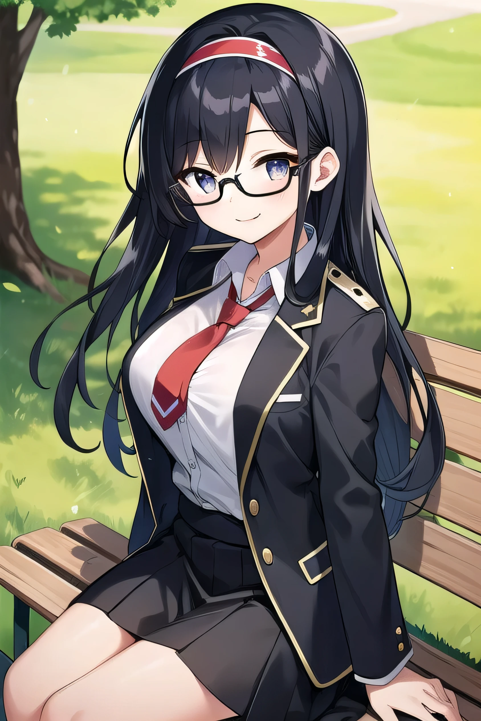 Wearing glasses, elementary school student, black hair, dark eyes, round body, wearing a uniform, tall, sitting in the park, on a bench, kind, very big breasts, long hair that reaches to the waist, black hair. A little brownish, wearing a headband, black jacket, black skirt, white shirt, red tie, the wind is blowing, smiling gently