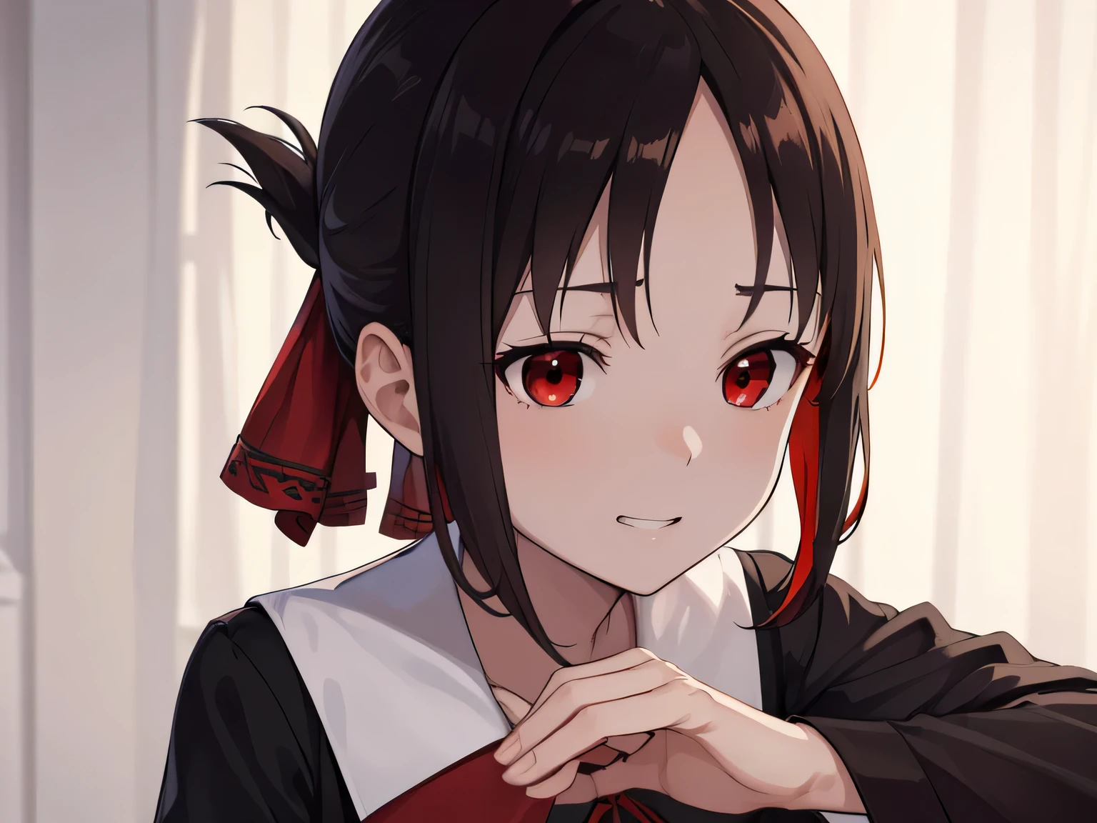kaguyashinomiya, kaguya shinomiya, Folded ponytail, amount, hair ribbon, (Red eyes:1.5), red ribbon, ribbon, short hair, Side Lock,
break black dress, dress, pinafore dress, , shirt, Short sleeve, Shuchiin Academy , white shirt,
break looking at viewer,
break indoors, classroom,
break (masterpiece:1.2), highest quality, High resolution, unity 8k wallpaper, (figure:0.8), (Beautiful fine details:1.6), Highly detailed face, Perfect lighting, Highly detailed CG, (Perfect hands, Perfect Anatomy), Grin,Low Angle,Look down,Face Shadow