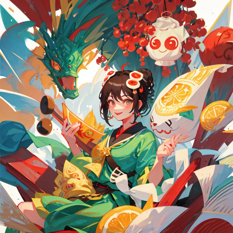 A charming cartoon rice dumpling, modeled after the Zongzi prototype, presents half of its savory surface to the viewer. Equivalent to a face, the dumpling's exposed half is artfully draped with Zongzi leaves, revealing the intricate geometric patterns reminiscent of eyes, nose, and mouth. Dragon boats gracefully fill the background, adding an air of celebration to this delightful scene. With a touch of whimsy, the rice dumpling dons an expression, showcasing mischievous eyes, a playful nose, and a charming smile. Accompanying it are the essential elements: wormwood and Realgar wine, signifying traditional taste and