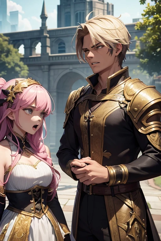 a man and a teenage girl are screaming angrily at each other. they wear fantasy outfits.