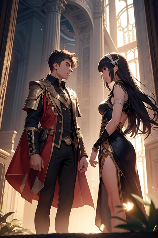 a man and a age girl are screaming angrily at each other. they wear fantasy outfits.