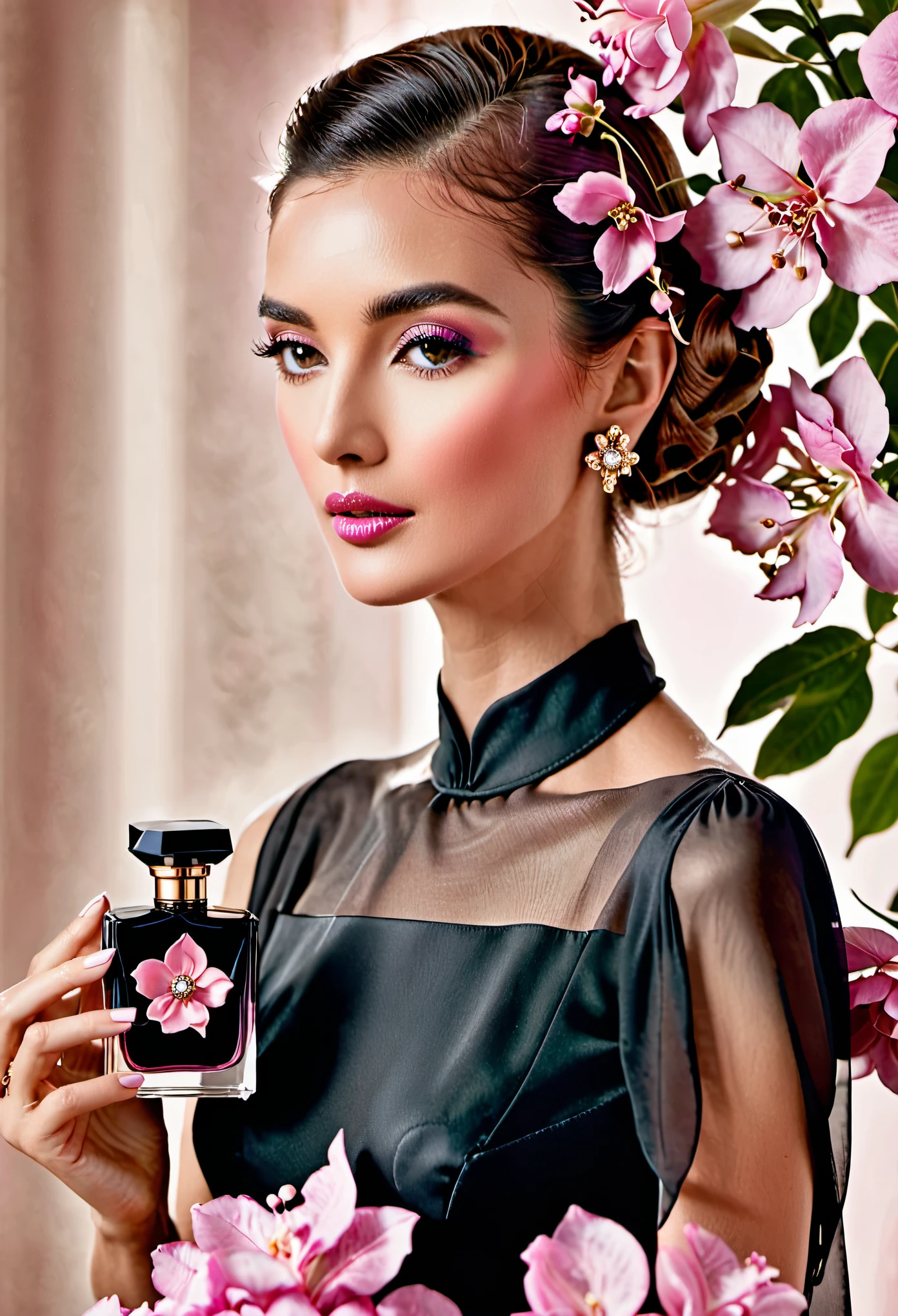 araffe woman in black dress with pink flowers and perfume bottle, carrying a bottle of perfume, exquisite and smooth detail, exquisite detail, beauty campaign, exquisite details, diffused natural skin glow, smelling good, photoshoot for skincare brand, exquisite fine details, detailed portrait shot, beautiful features, vintage glow, gorgeous woman, close portrait, jaw dropping beauty, beautiful details