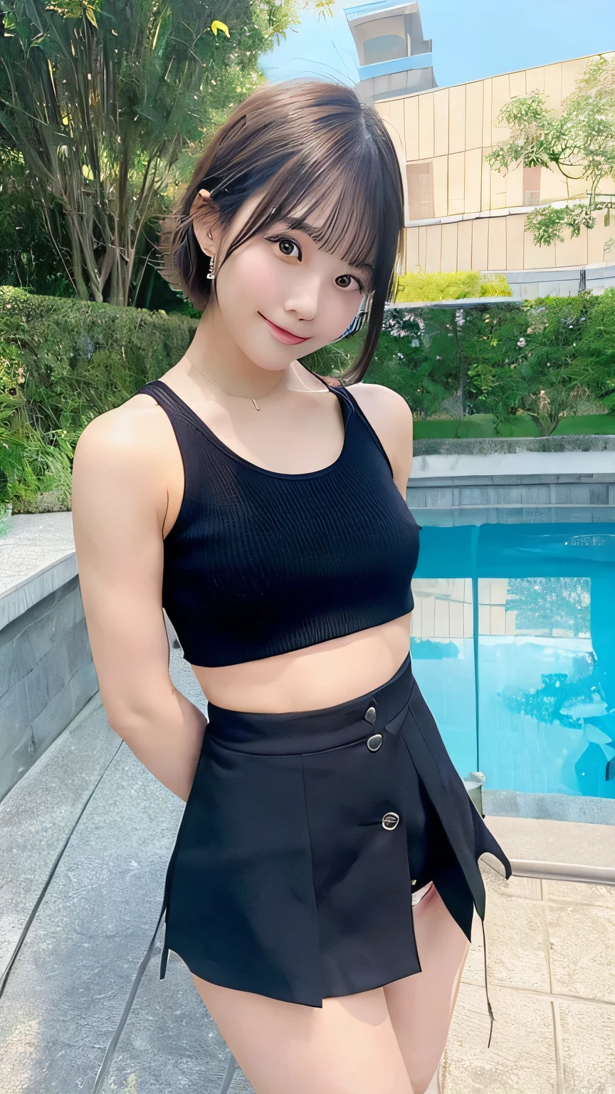((highest quality)), ((masterpiece)), (detailed),naked、、Short skirt (Lift up your skirt with your hands),Upper body in underwear、(Upper body in underwear小さい胸) ,Perfect Face,pretty girl、short hair、Black Hair、Japanese idol girls,,smile、Embarrassed face,Arms behind backに引く、whole body(Drawing above the thighs)、Pool ,Arms behind back,