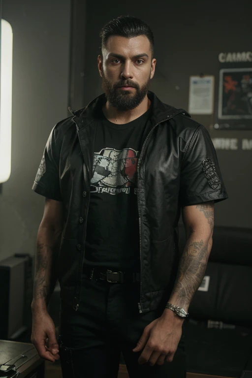 hiper-realismo, cyberpunk 2077, homem negro com barba grande de 30 anos, com camisa branca e jaqueta preta sem manga, It has red mechanical arms. 