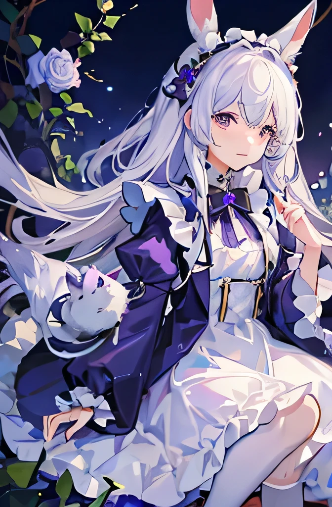 Long white hair、Girl holding a rabbit、Purple Dress、White and purple roses