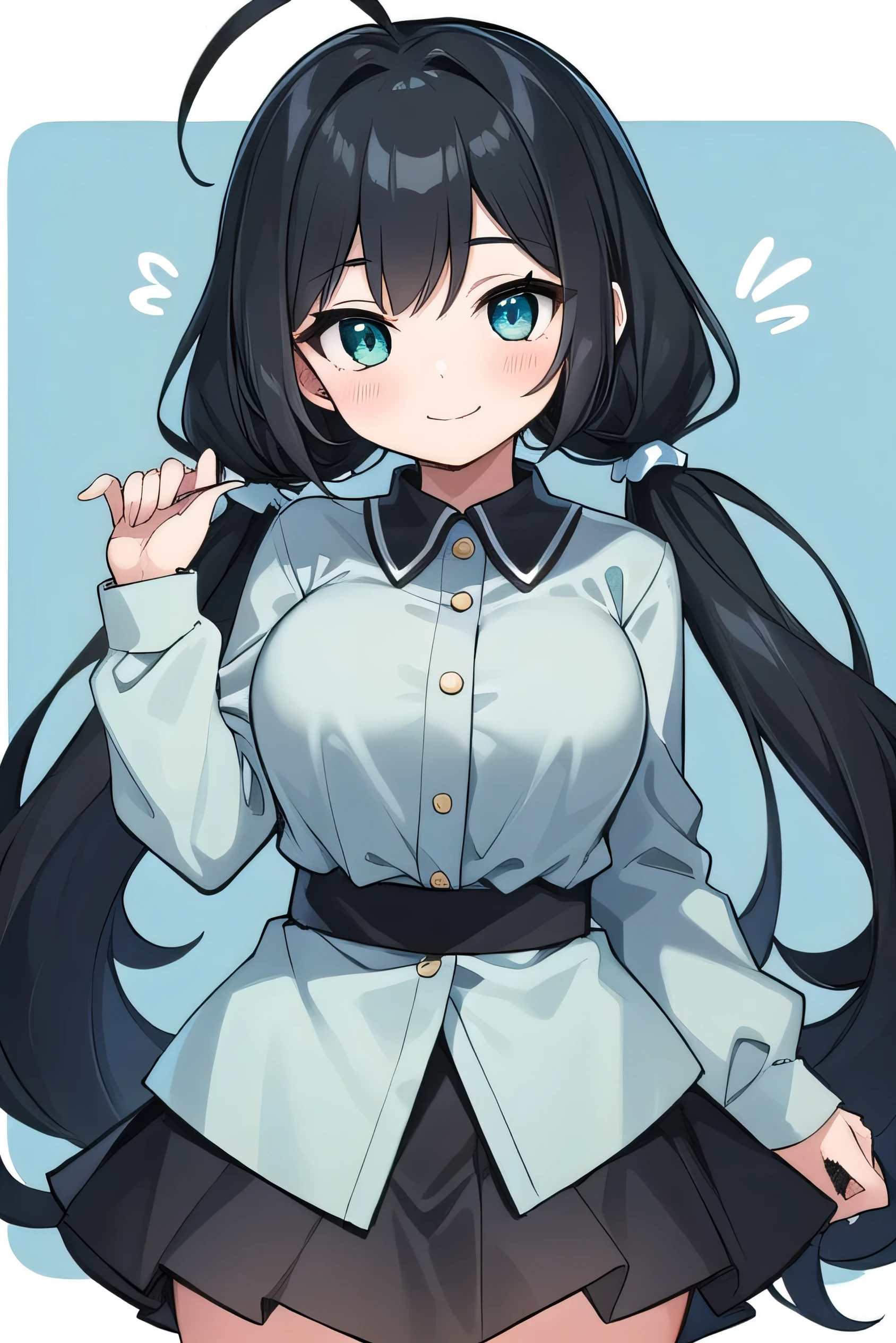 Junior high school student who looks like an elementary school student, , very short, 140 cm tall, black hair with a slight green tinge, short ahoge, beautiful long hair but with a little hair sticking out, beautiful round eyes, blue eyes, smile, boyish, long sleeves, Thick clothes, skirt, big breasts, hair longer than waist, long hair, childish face, gentle smile, a little shy, black skirt, black hair with a slight green tinge, boyish, gentle smile, jacket one size larger, ( Deep greenish black hair: 1.3)，twintails，blush