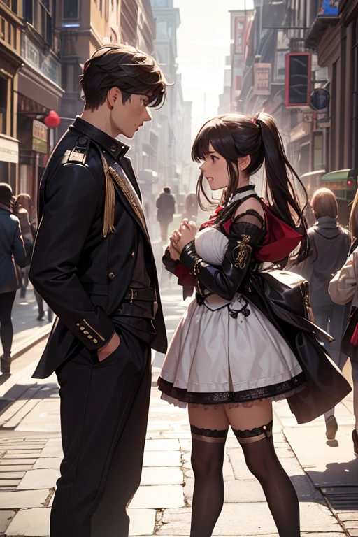 a man and a age girl are screaming angrily at each other. They are romantical couple. they wear fantasy outfits.