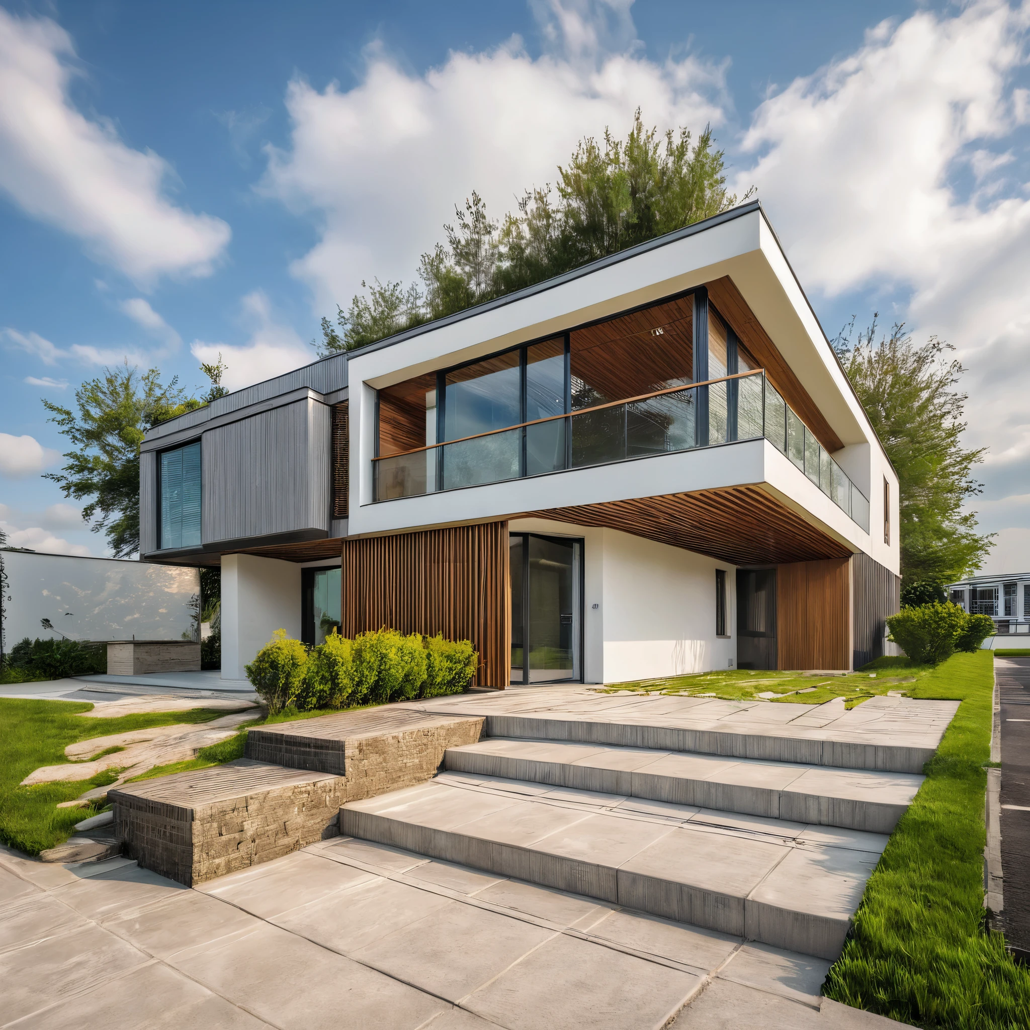 Masterpiece, high quality, best quality, authentic, super detail, outdoors, house style modern,bietthuhn, white wall, glass windows, gate road,pavement, grass, trees,blue sky, cloud, (day:1.1), realistic lighting