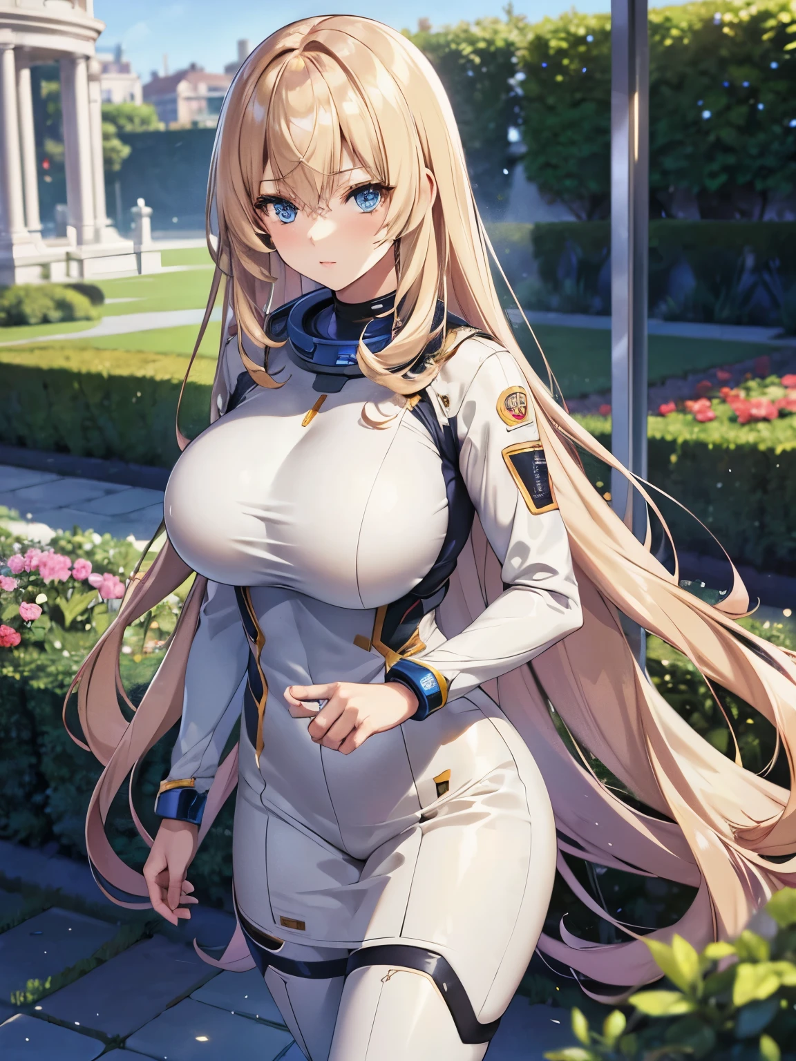 1 adult woman, very beautiful, half body photo,standing,In the garden area,astronaut suit,very big breast, blonde hair,blonde hair, blue eyes, white skin, long hair,elegant, cute, ultra detailed, ultra HD