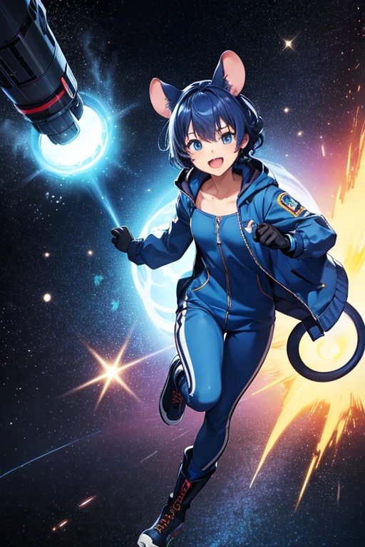 Anime Art、Space SF courier、Full body portrait、A woman around 18 years old, about 140cm tall, with mouse-like ears, wearing a blue jacket and jumpsuit, running、Curly short blue hair、Flat chest、Blue Eyes、Laughing with mouth open、gloves、sports boots