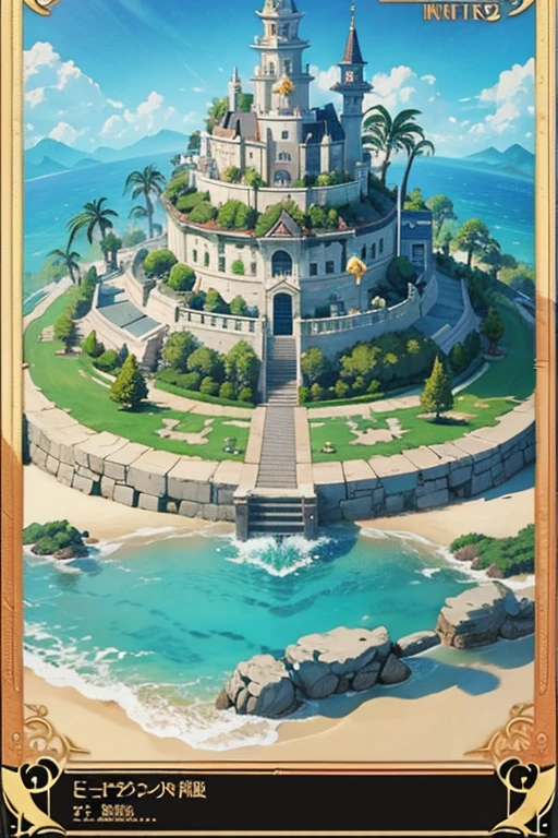 fantasy world, estilo isekai de anime, zona de comercio en la playa, estilo pixel art