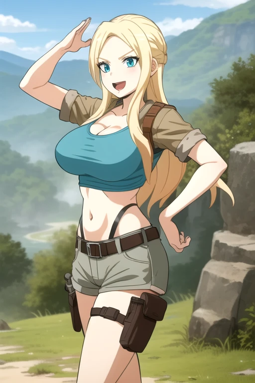 ultra high res, masterpiece, 1girl, solo, IrinaJelaviÄR4, blonde hair, blue eyes, :d, expressive eyes, perfect face, large breast, big breast, small waist, perfect figure, highly detailed, showing cleavage, dressed as lara croft, full body portrait, she's in the jungle, brown shorts, belt gun holster, teal spandex top, brown hiking boots, jungle and destroyed stone temple in the background, brown shorts, dark brown shorts, short shorts, teal top, mid section exposed, cloud, cloudy_sky, condensation_trail, day, long_hair, navel, open_mouth, holding and aiming two pistols, outdoors, sky, smile, solo
