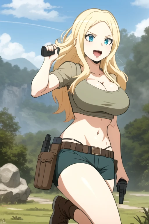 ultra high res, masterpiece, 1girl, solo, IrinaJelaviÄR4, blonde hair, blue eyes, :d, expressive eyes, perfect face, large breast, big breast, small waist, perfect figure, highly detailed, showing cleavage, dressed as lara croft, full body portrait, she's in the jungle, brown shorts, belt gun holster, teal spandex top, brown hiking boots, jungle and destroyed stone temple in the background, brown shorts, dark brown shorts, short shorts, teal top, mid section exposed, cloud, cloudy_sky, condensation_trail, day, long_hair, navel, open_mouth, holding and aiming two pistols, outdoors, sky, smile, solo
