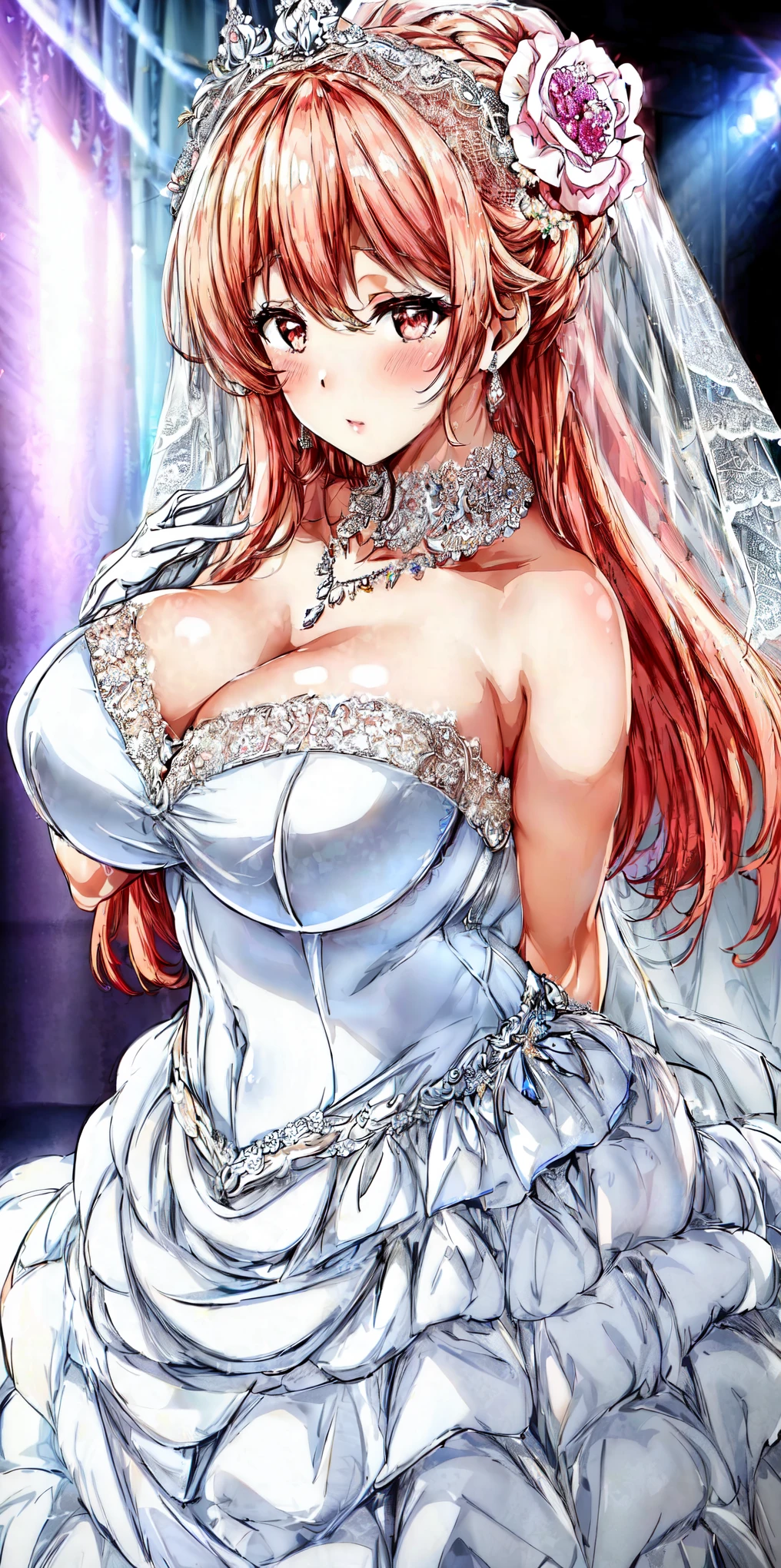 Close-up of beautiful bride wearing beautiful wedding dress,Gurwitz,(bridal veil:1.5),(Transparent short veil:1.5),Blushing face,Head flower,headgear,(tube top wedding dress:1.5),(Silk dress:1.2),(Strapless wedding dress:1.5),pure white dress,necklace,earrings,(large breasts:1.3),Deep V peach heart collar wedding dress,Bangs,lipstick,(lace gloves:1.3),whole body照,High detail RAW color art,Long white dress,whole body,Place your hands behind your back,