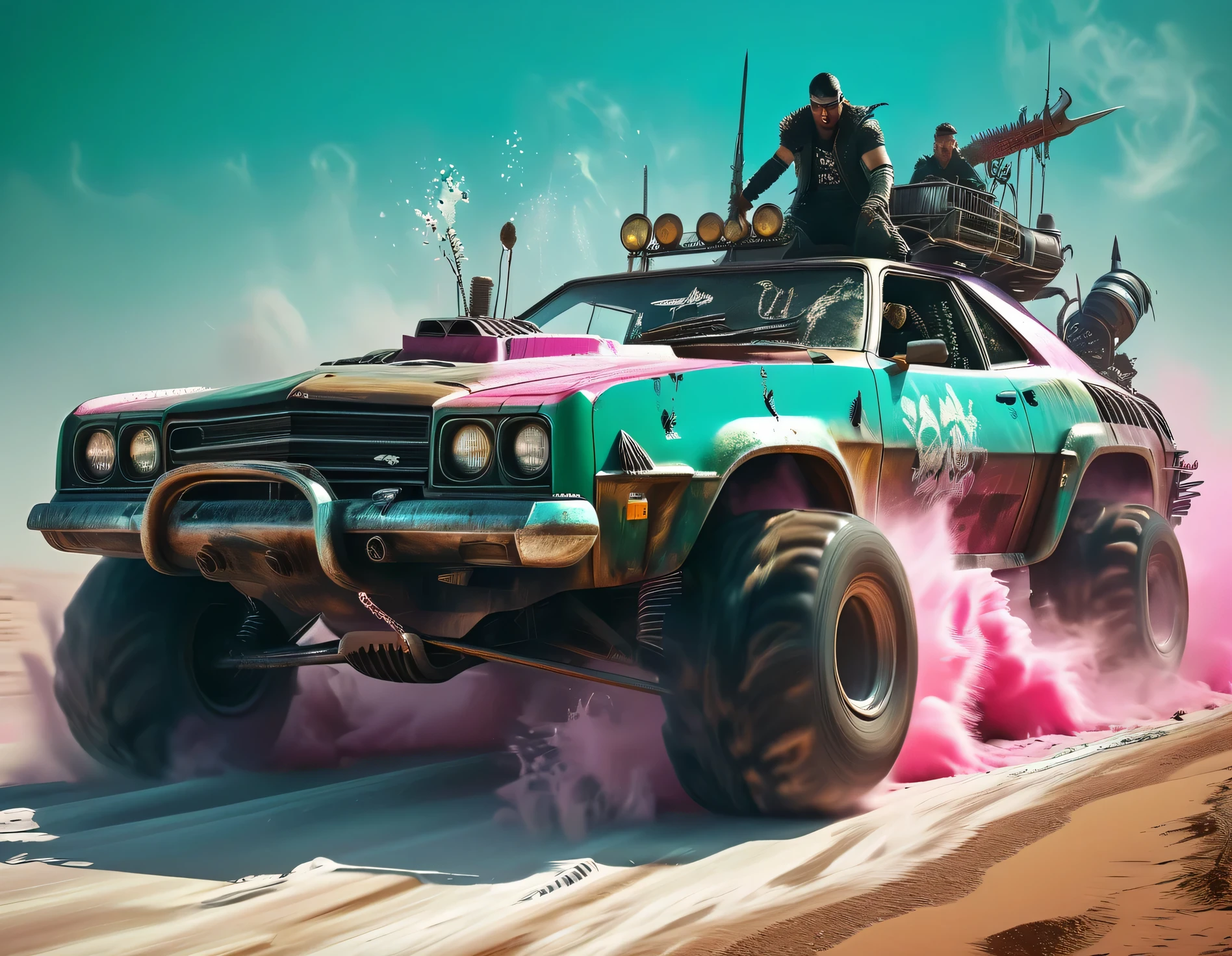 High resolution, 32K detailed and sharp image. The image must be super original and complex, with a variety of beautiful and vibrant colors. (Masterpiece, Best quality), Mad Max style vehicle at full speed, leaving sand trails, large vehicles, a lot of metal and epic, ((drivers Mad Max style men, punk style hairstyles metal ornaments chains: 1.5 one of them grabbed from outside the vehicle with weapons in hand: 1.4)). The backdrop of this masterpiece is nothing short of epic..., depicting a destructive apocalyptic scene, Best possible quality, Ultra resolution 8K, Stunning illustration, best of all, Awarded, like being the best, leather jacket, pink sunglasses: 1.3, light ripped and frayed jeans, ((pink, cyan, brown, green, white colors: 1.5) ), epic desert setting: 1.5, photorealistic: 1.4, skin texture: 1.4, super masterpiece, super detailed, hyper detailed , ((night, darkness: 1.6)), 32K