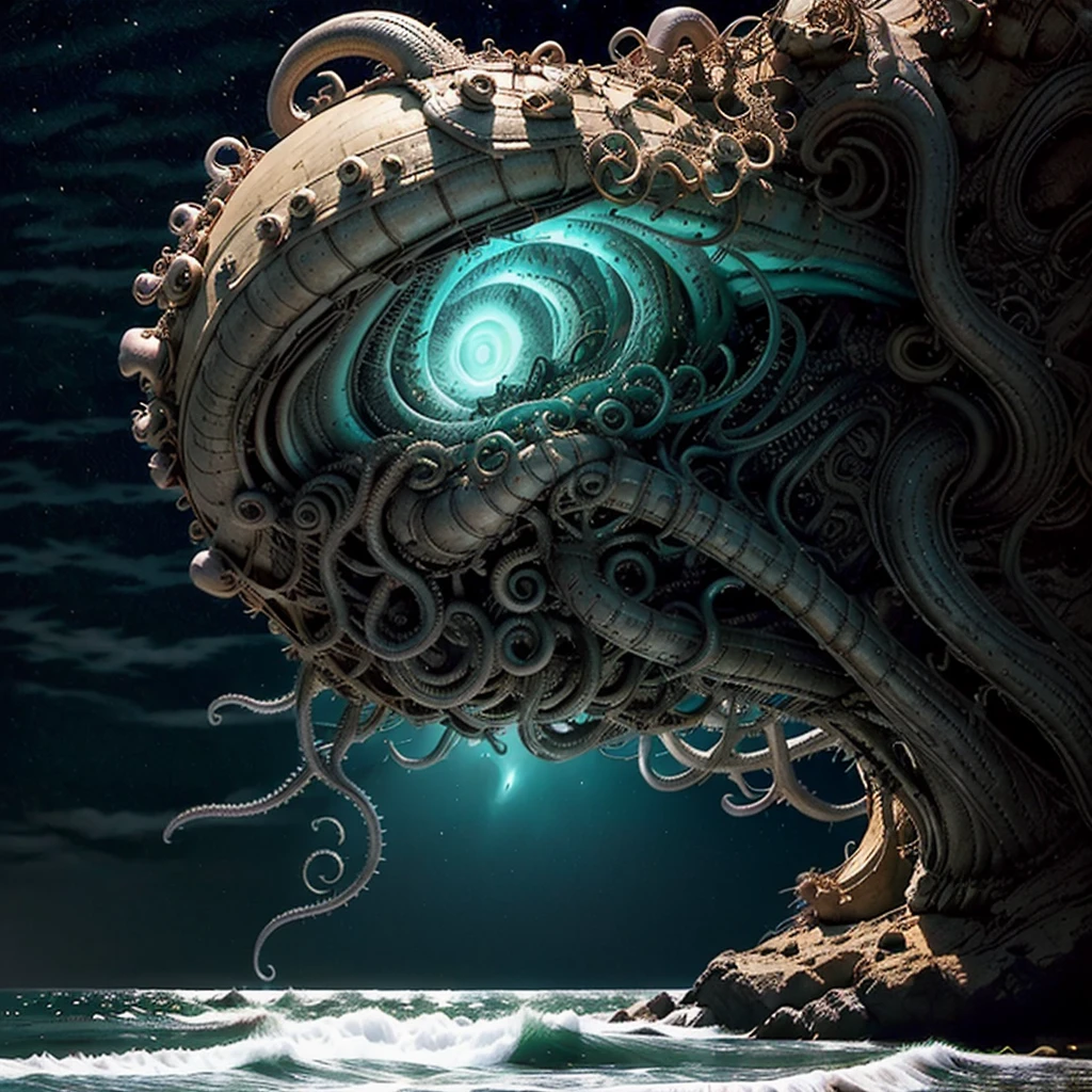 (scifi, horror)"(best quality,4k,highres),
A lovely woman (25, athletic, busty, golden ratio figure, random race, brightly colored hair, dressed appropriate to the scene),awakened rudely [on the beach] (panic and struggle),
A UFO hovers nearby, an neon gelatinous Eldritch tentacle (very large, octopus like, many large tentacles) alien has the woman,
enthusiastically exploring and carrying the woman towards the UFO [otherworldly lights] (damsel abduction),
night time beach,
(ocean) waves crashing loudly, gentle breeze,
reflections on wet sand,
(strong contrast) between darkness and UFO lights,
(long exposure) streaks of light in the night sky,
(moody) atmosphere,
(vibrant colors) with a touch of (cool tones),
(dramatic) shadows and highlights,
(wild, untamed) nature surrounding the beach,
(surreal) and (dreamlike) landscape."