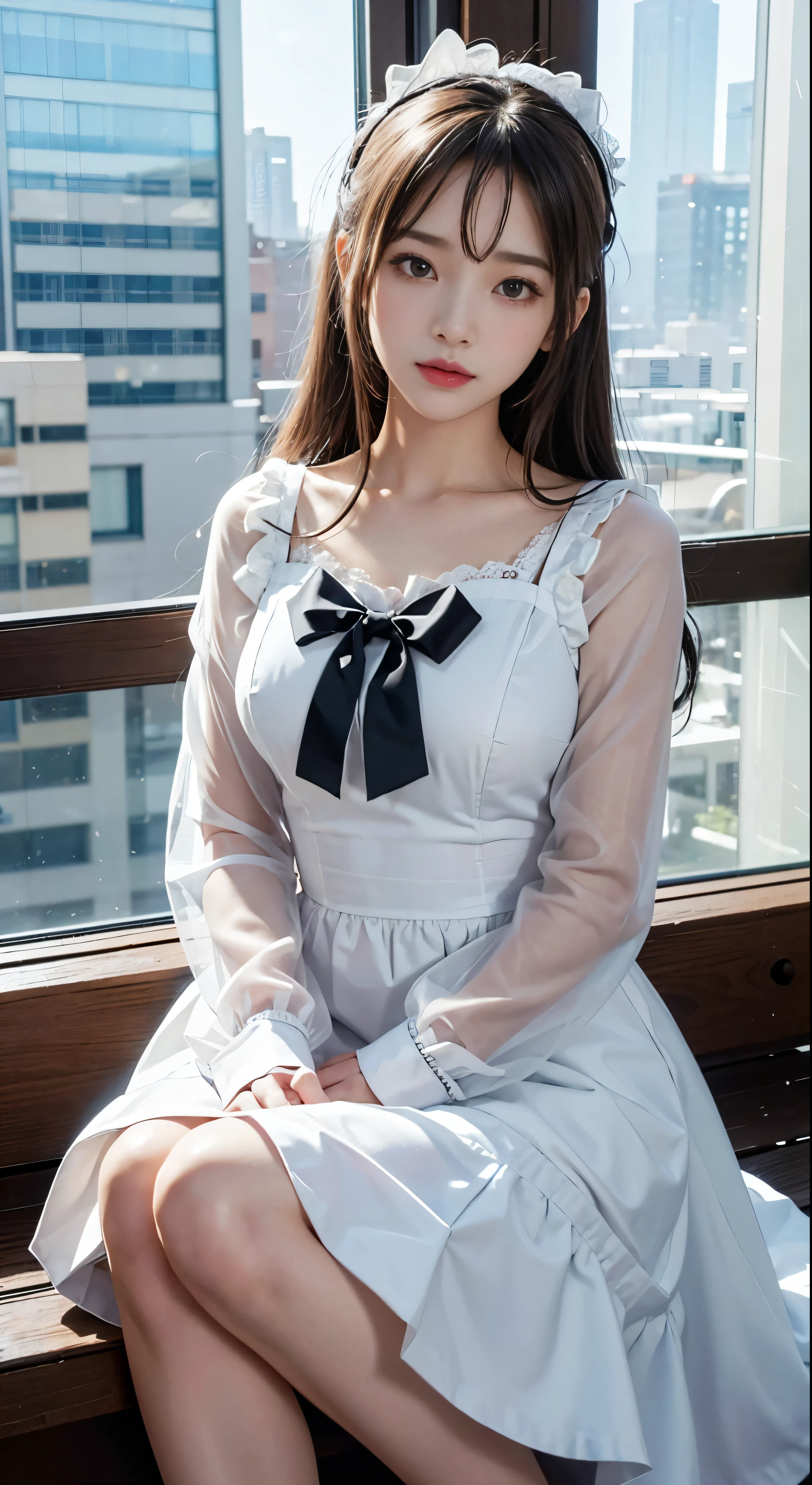 (image、High resolution、Super detailed)、1 anime girl、Sitting、Maid clothes、background cityscape、best 4k wallpapers、Fine details、Girls Frontline、Lolita Style、From the front line of girls、Nightcore、Inspired by Azur Lane、Cute and elegantly dressed、Perfect white hair girl、Fascinating anime characters、smooth art。She sits comfortably on a wooden bench.、The maid&#39;s clothes accentuated her curves in the soft, romantic lighting.。The city skyline spreads out behind、Every brick and window was reflected.