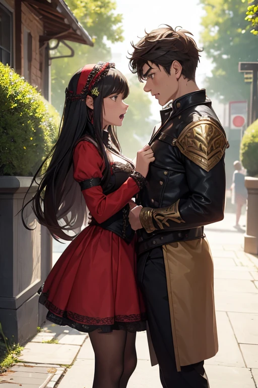 a man and a teenage girl are screaming angrily at each other. They are a couple. they wear fantasy outfits.