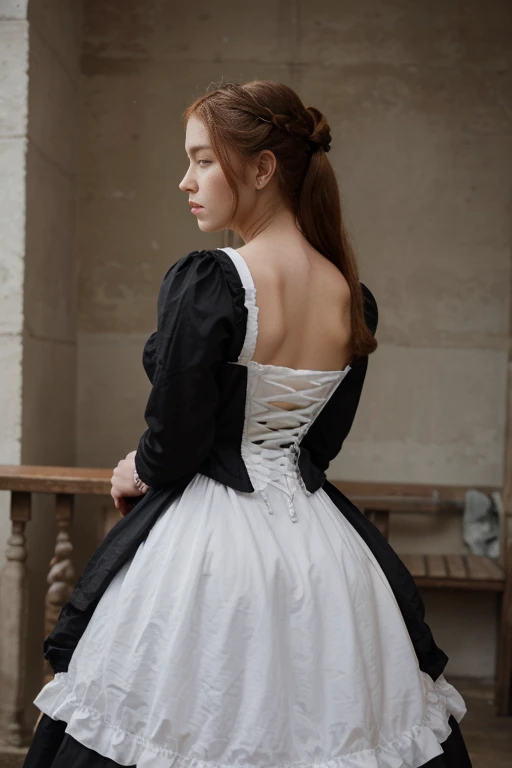 beautiful woman, white and redhead, 3/4 on your back and a princess hair, wearing a victorian period black dress