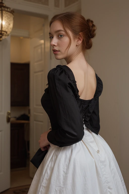 beautiful woman, white and redhead, 3/4 on your back and a princess hair, wearing a victorian period black dress