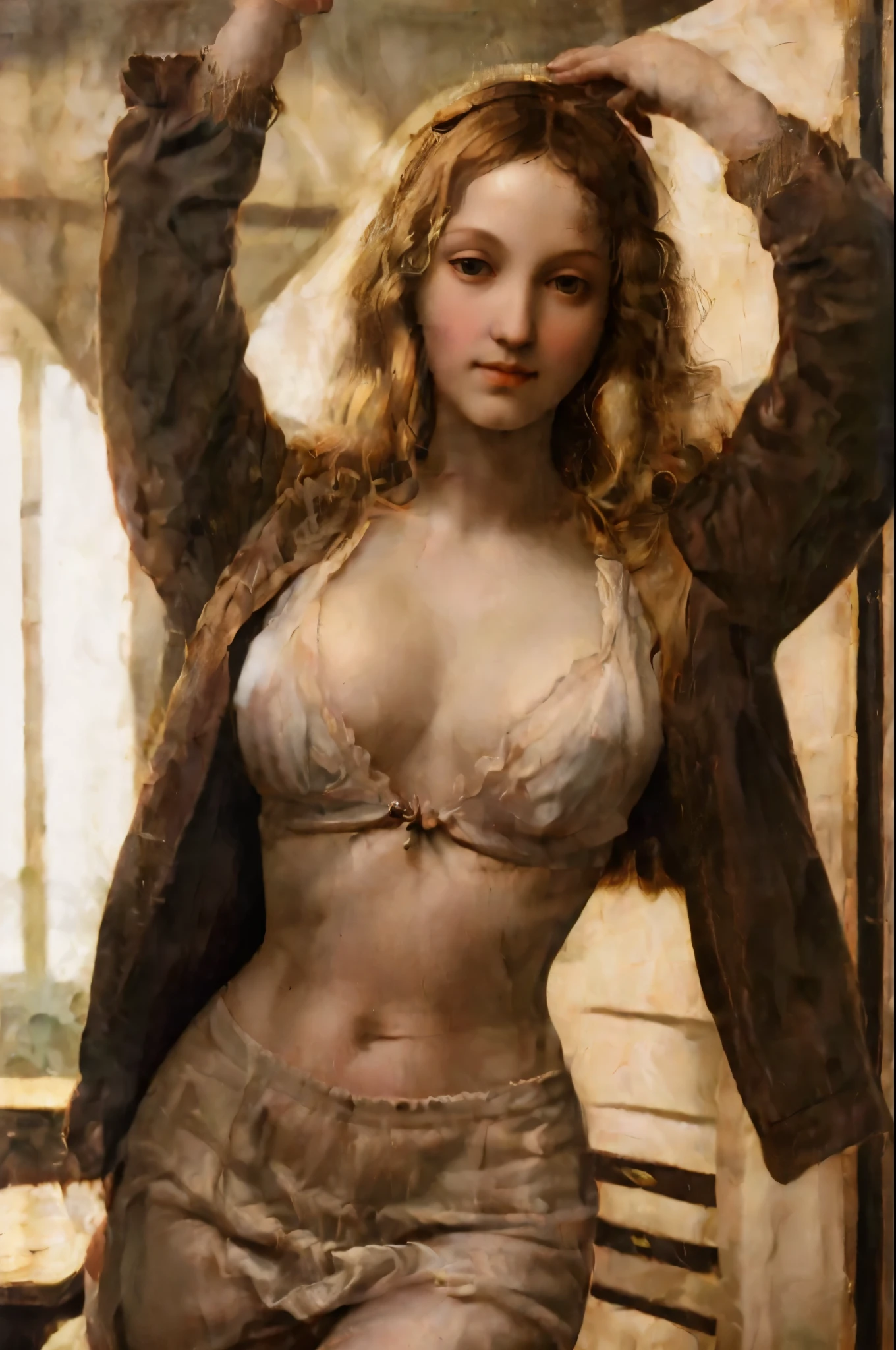 masterpiece, best quality, extremely detailed, hyperrealistic, oil painting, high renaissance art, in da vinci style, a beautiful 20s french model