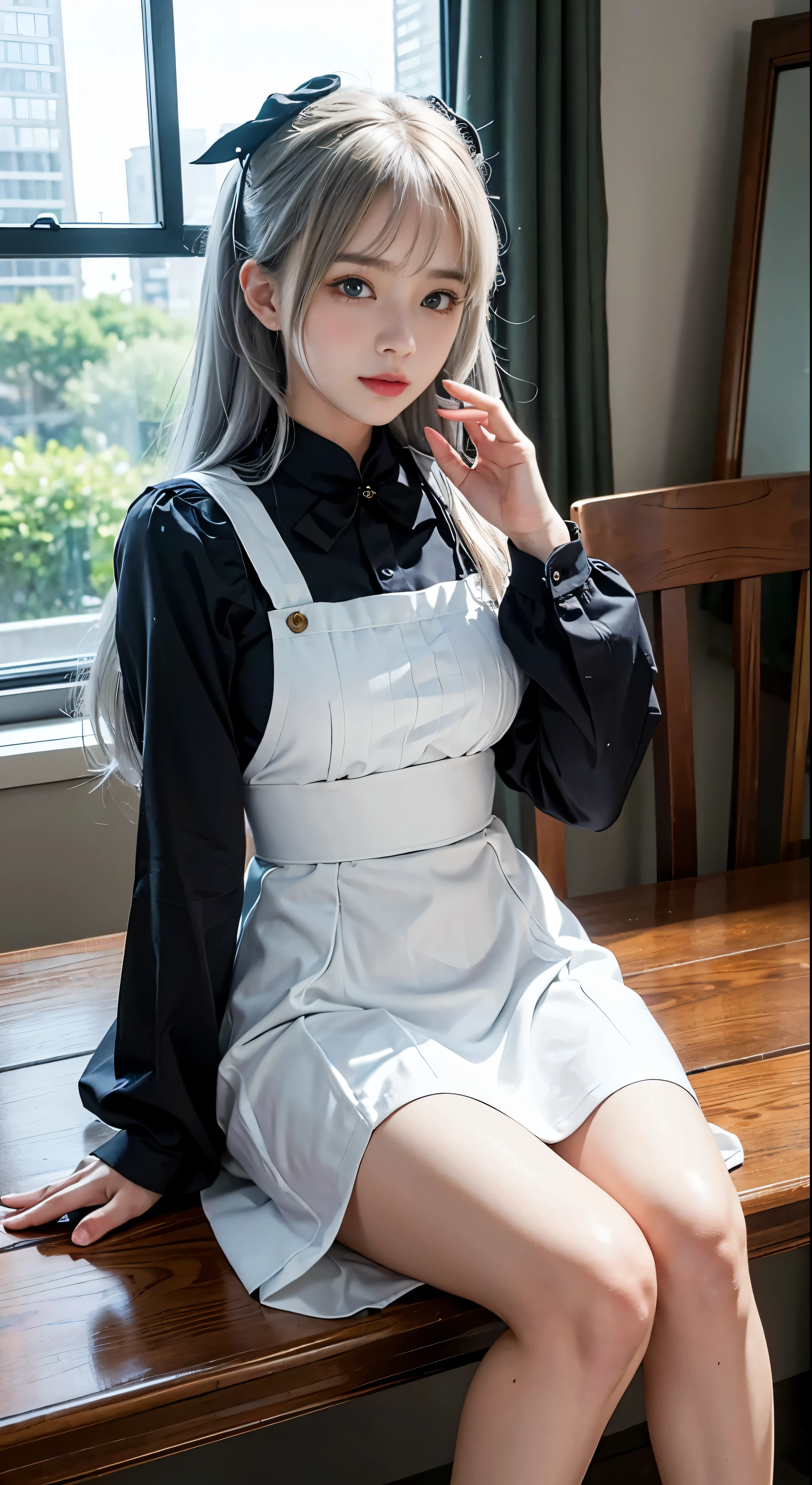(image、High resolution、Super detailed)、1 anime girl、Sitting、Maid clothes、background cityscape、best 4k wallpapers、Fine details、Girls Frontline、ta Style、From the front line of girls、Nightcore、Inspired by Azur Lane、Cute and elegantly dressed、Perfect white hair girl、Fascinating anime characters、smooth art。She sits comfortably on a wooden bench.、The maid's clothes accentuated her curves in the soft, romantic lighting.。The city skyline spreads out behind、Every brick and window was reflected.