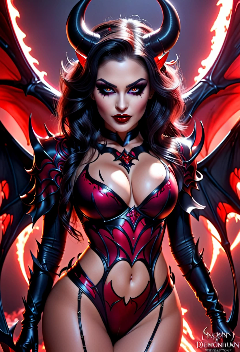 Realistic Beautiful evil demonic sexy demented devil women,beautiful seductive facial expression, gorgeous perfect face, perfect ruby skin, large curled devil horns, think curved jet dark eyebrows, long luscious eyelashes, thick dark eyeliner, jet dark eye shadow, thick jet dark lipstick, , thin detailed little nose, high cheek bones, small areolas, small perky dark nipples, large voluptuous curved breasts, sexy seductive waist, seductive hips, demonic devil lingerie, large detailed demon wings, hyper realistic detailed neon ruby eyes