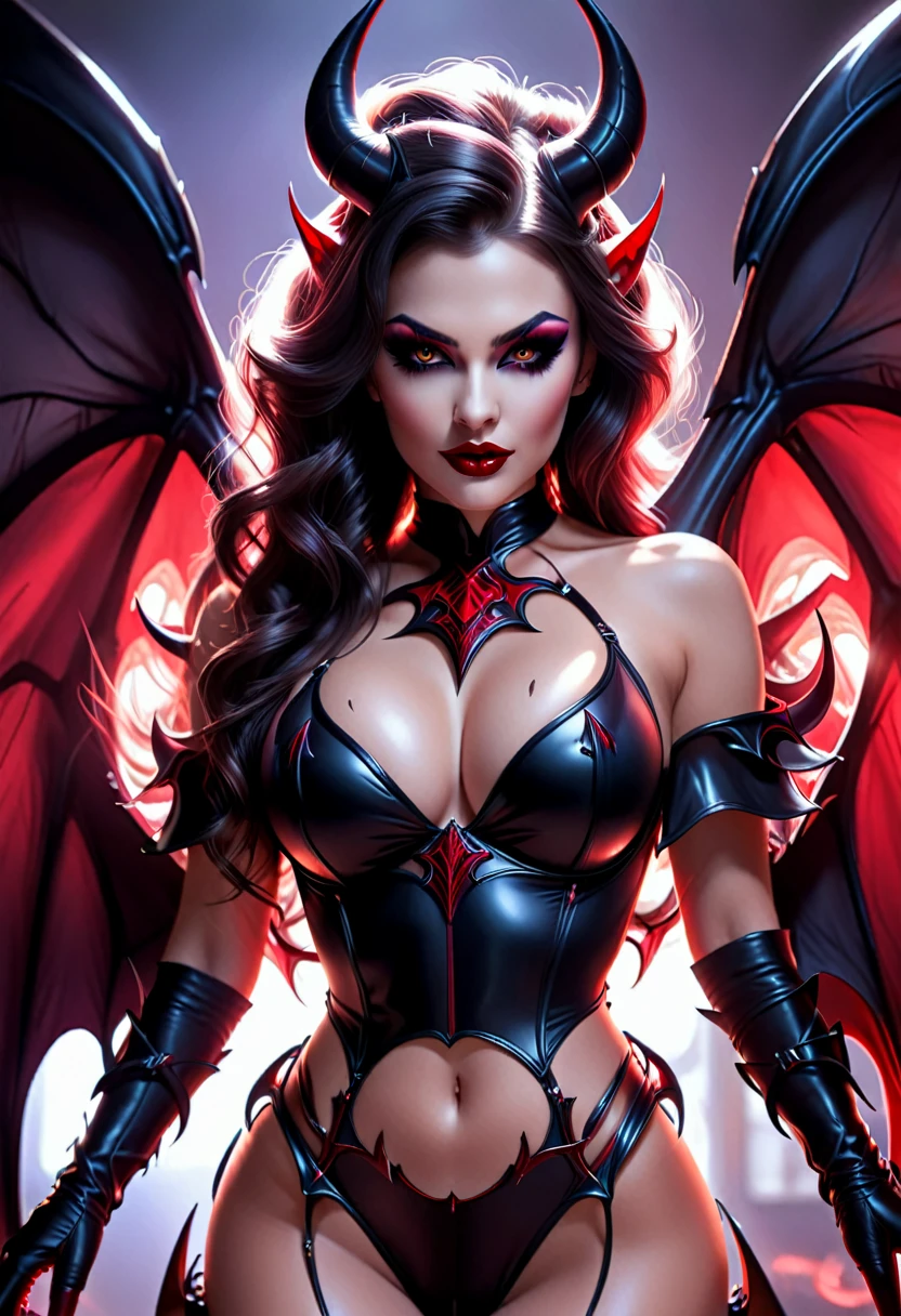 Realistic Beautiful evil demonic sexy demented devil women,beautiful seductive facial expression, gorgeous perfect face, perfect ruby skin, large curled devil horns, think curved jet dark eyebrows, long luscious eyelashes, thick dark eyeliner, jet dark eye shadow, thick jet dark lipstick, , thin detailed little nose, high cheek bones, small areolas, small perky dark nipples, large voluptuous curved breasts, sexy seductive waist, seductive hips, demonic devil lingerie, large detailed demon wings, hyper realistic detailed neon ruby eyes