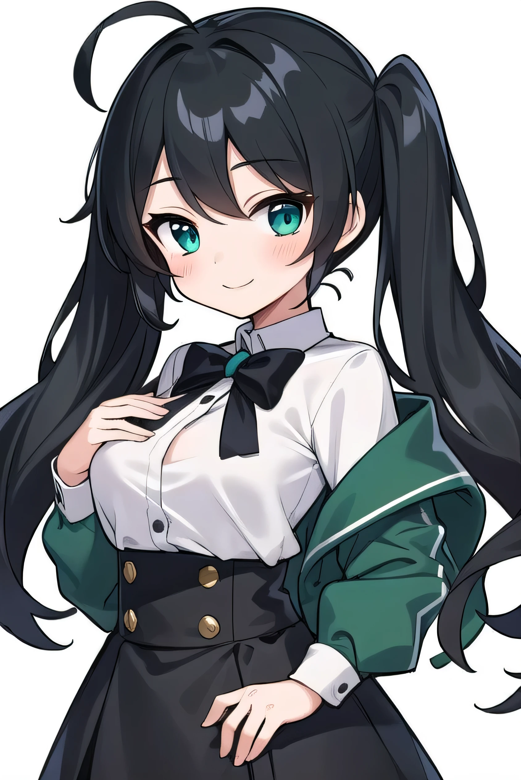 Junior high school student who looks like an elementary school student, 14 years old, very short, 140 cm tall, black hair with a slight green tinge, short ahoge, beautiful long hair but with a little hair sticking out, beautiful round eyes, blue eyes, smile, boyish, long sleeves, Thick clothes, skirt, big breasts, hair longer than waist, long hair, childish face, gentle smile, a little shy, black skirt, black hair with a slight green tinge, boyish, gentle smile, jacket one size larger, ( Deep greenish black hair: 1.3),twintails,blush