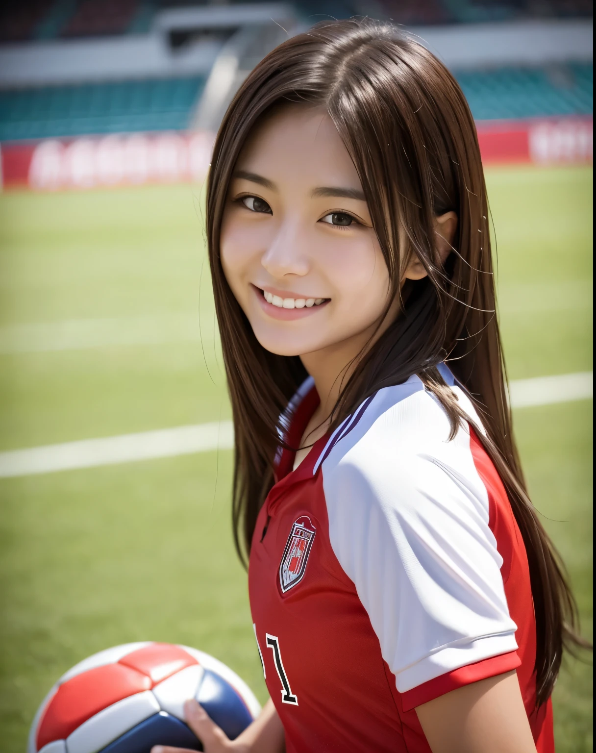 Soccer uniforms、Age 25、Photo-like texture,Realistic skin texture、High resolution、4K、Semi-long hair、smile、cute,Japanese women