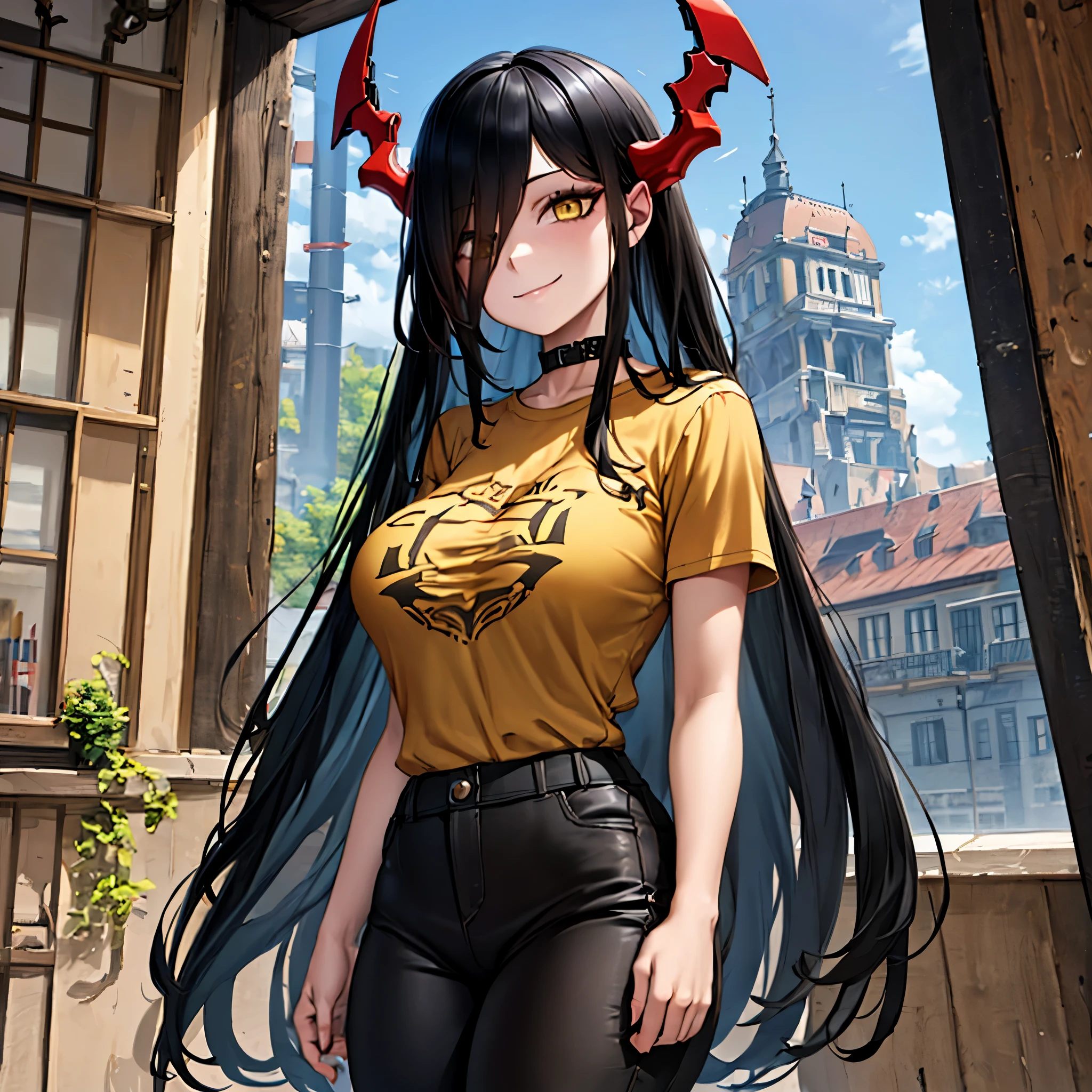 a woman wearing black madame pants, wearing a beige madame t-shirt, long black hair, yellow eyes, red horns, smiling, inside a large building, overlooking others, a large, well-detailed building,,HDR, masterpiece, well defined, ultra resolution, high quality, 8k HD. (just a woman, solo)
