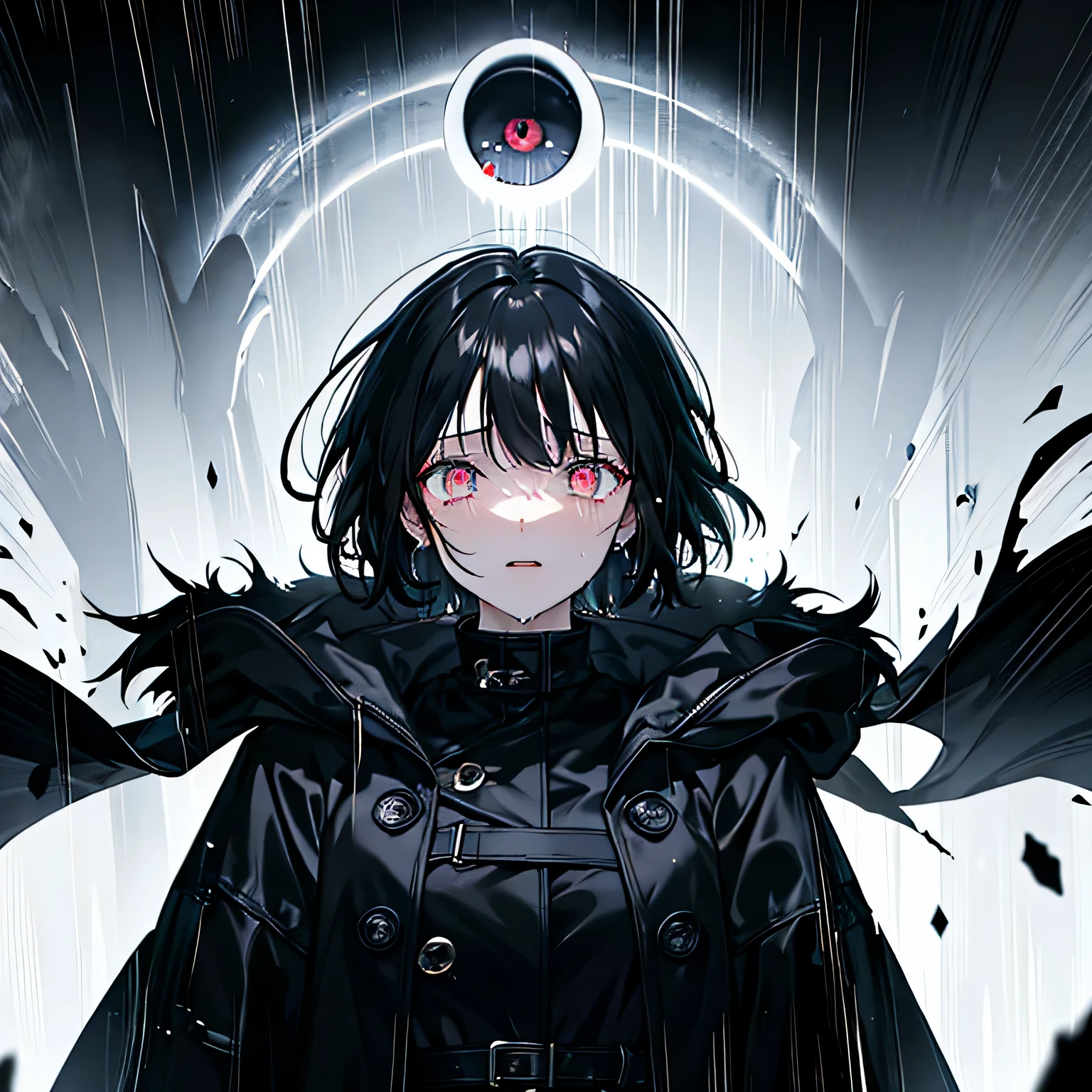 Black hair girl , oversized coat , Raining, dark room background, glowing eye, , crying black tear,