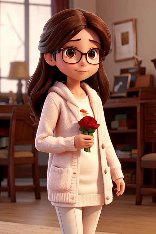 Asian glasses long brown hair red sweater white rose in hand