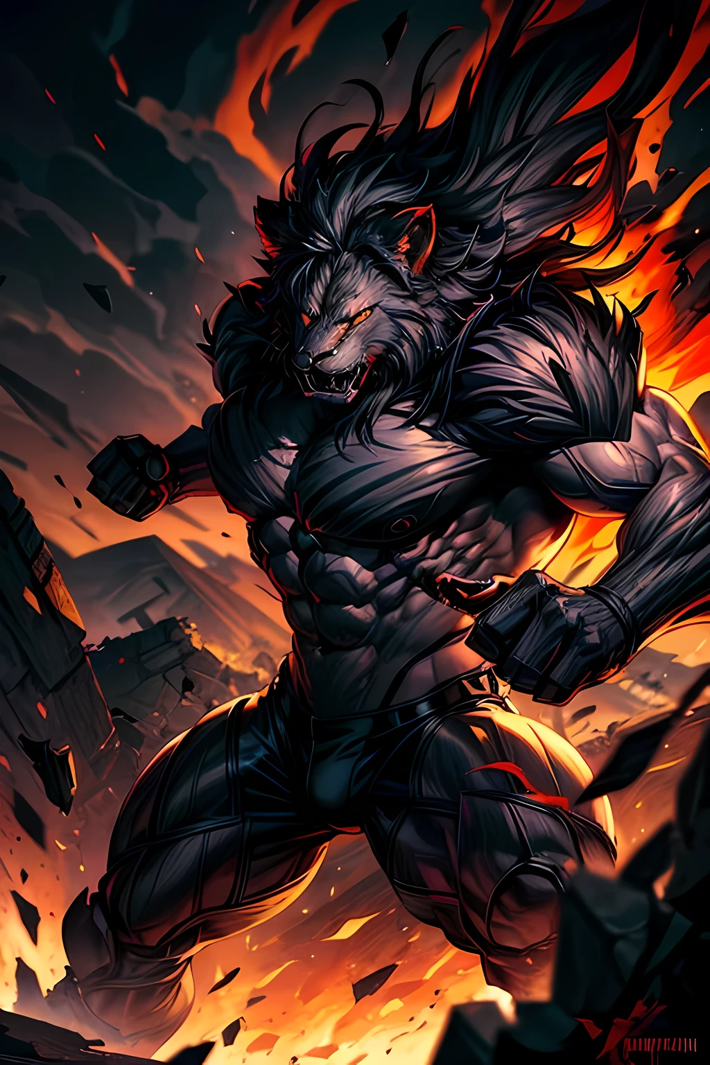 male, bodybuilder, (bust up), (lion head: 1.0), [photorealistic:1.37],furry,detailed,aggressive stance, battle pose, menacing expression,large muscular body,sharp fangs,powerful claws,burning red eyes,smoke and debris,ruins and crumbling village,enormous shadow looming,vivid colors,strong lighting,ominous atmosphere,terrifying creature,