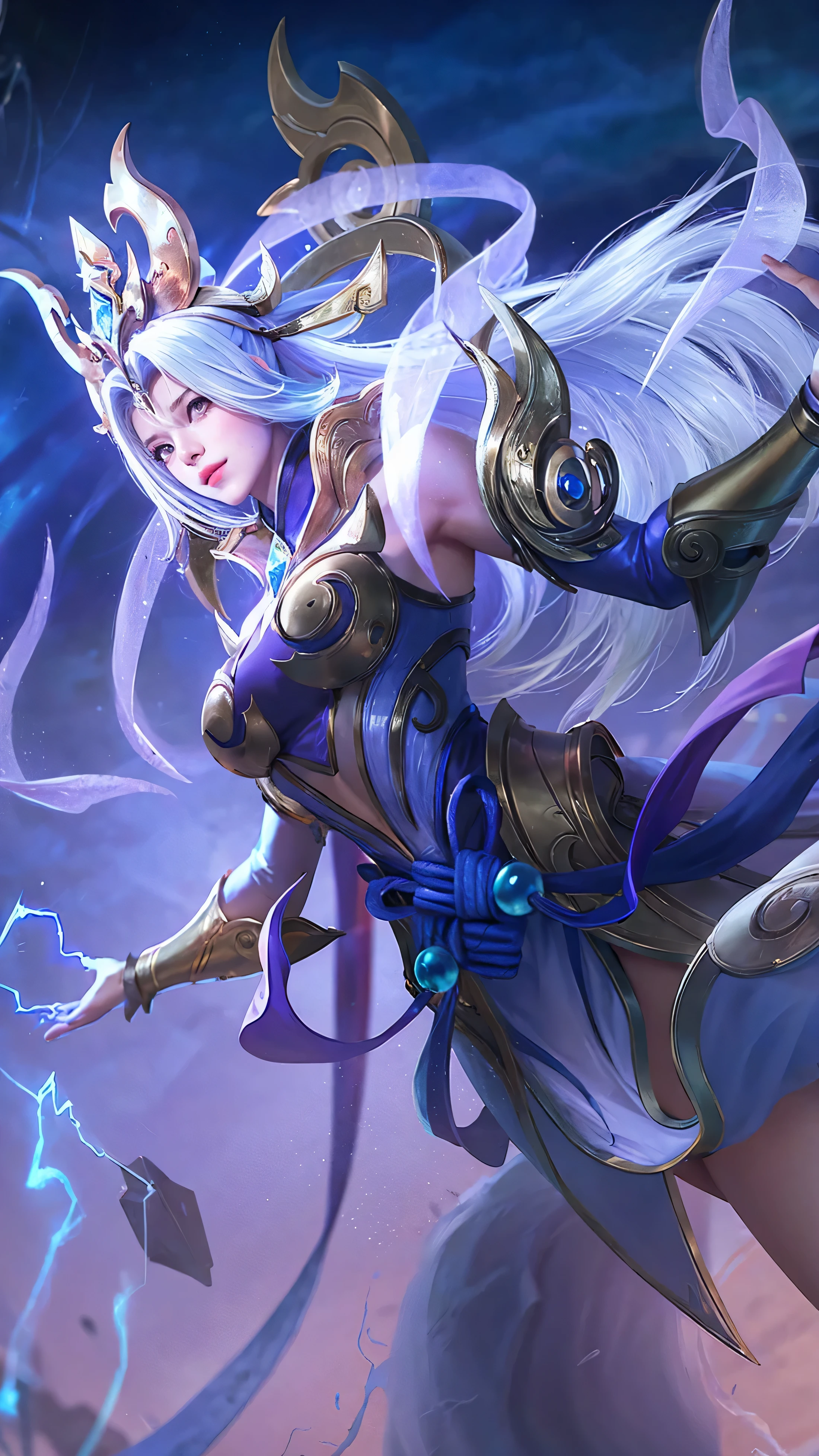 a close up of a woman with a sword and a lightning bolt, irelia, ashe, ig model | artgerm, extremely detailed artgerm, artgerm lau, white haired deity, inspired by Ju Lian, beautiful celestial mage, goddess of lightning, astri lohne, artgerm detailed, official splash art, portrait knights of zodiac girl