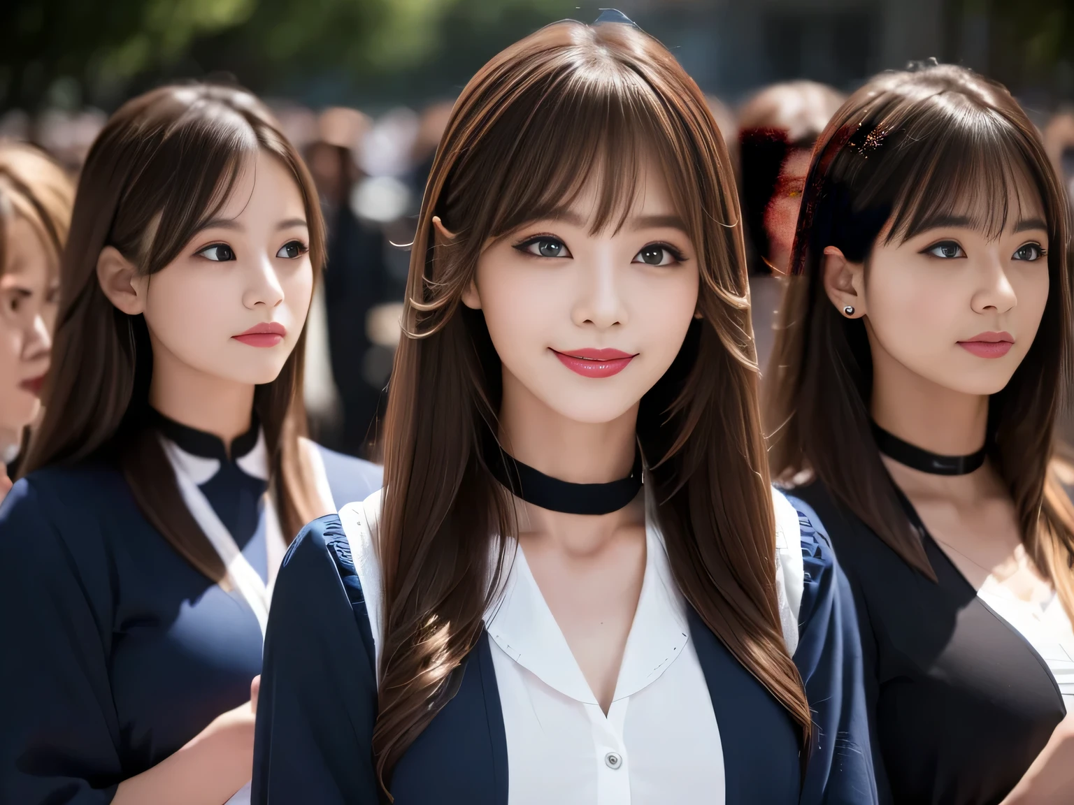 ((masterpiece, High resolution)), ((Thousands, crowd)), girl, group, clone, (( brown haired girl, blonde girl)), elegant, rich girl, Emotionless, Arms at sides, Straight spine, (((Graduation Ceremony))), Standing still, shoulder to shoulder, Same pose, The sisters are lined up in an orderly fashion, Many lines, crowd Shot, ((Black Choker, blue eyes, Very long eyelashes, bangs, Big Breasts, smile)),slim、lecture hall,ceremony、audience、Everyone is looking at the camera