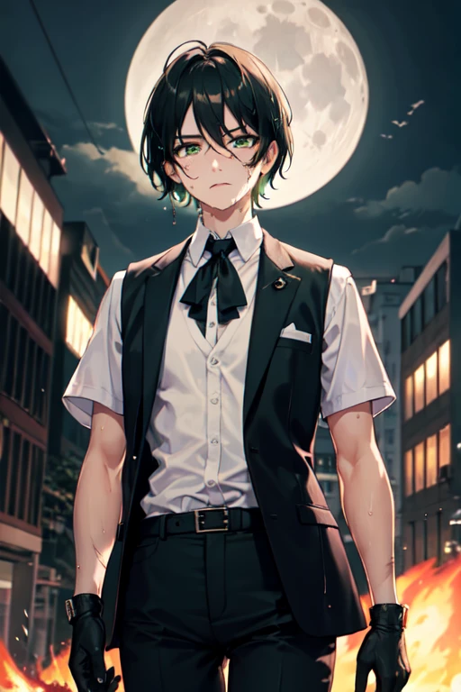 best quality,masterpiece, (black hair), , (white shirt), (black tie), (black vest), (black gloves), (emotionless face), (facial scars), (black pants), (long eyelashes), androgynous+++, (burn scars on neck)++, solo++, nighttime+, (dark sky)+, raining++, (wet hair), (green eyes), standing on top of building, (rolled up sleeves)+, (from far away)+, moon, 