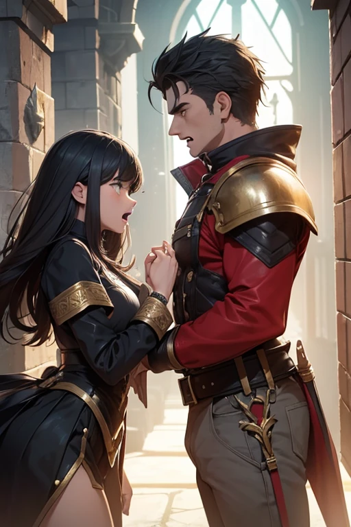 a man and a  girl are screaming angrily at each other. They are a couple. they wear fantasy outfits.