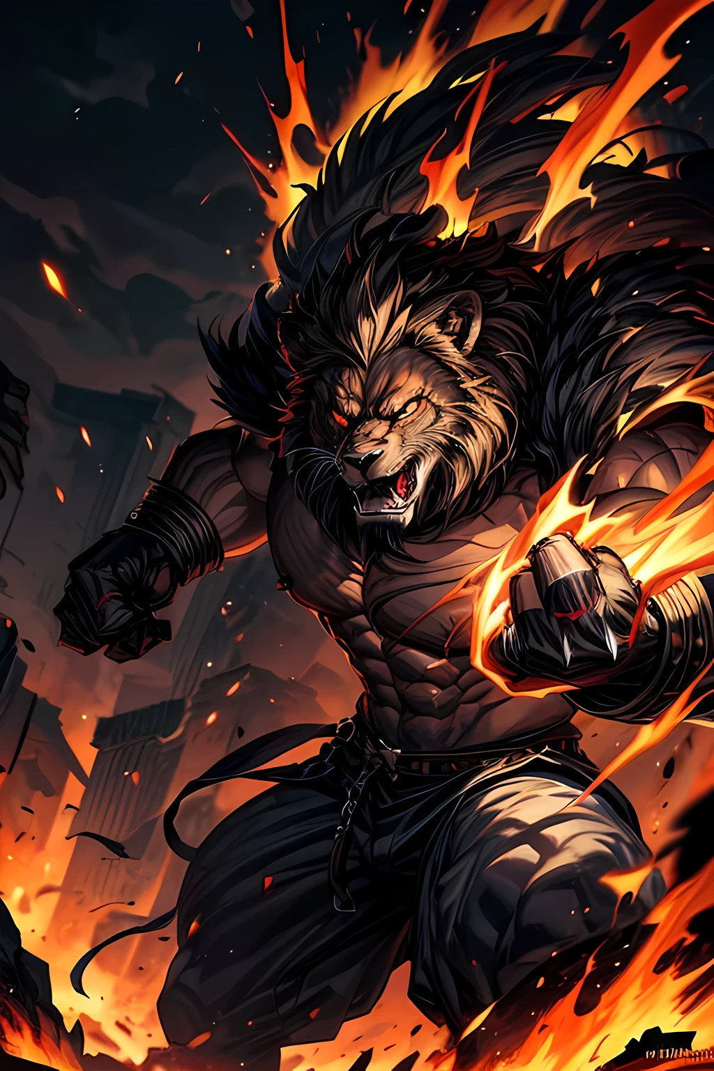 muscular, male, bodybuilder, (bust up), (lion head: 1.0), [photorealistic:1.37],furry,detailed,aggressive stance,menacing expression,large muscular body,sharp fangs,powerful claws,burning red eyes,smoke and debris,ruins and crumbling buildings,enormous shadow looming,vivid colors,strong lighting,ominous atmosphere,terrifying creature,