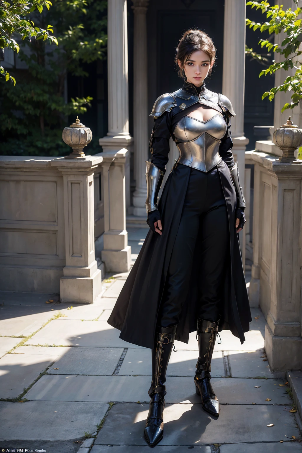 (((full image:1.5, show full body, standing:1.8, facing viewer, the front body facing directly to the front of camera, show body from head to toe))), huge breast:1.7, tall body, fit body, pale skin, ((standing perfectly)), a woman wearing luxurious chest armor, pauldrons, gloves, pants, show iron boots, short hair with updo. knight, western knight, warrior. High quality:1.3, Professional lighting:2.0, realistic:1.2, 4k resolution, detailed skin, finely detail, masterpiece:1.1, centered image, outdoor.