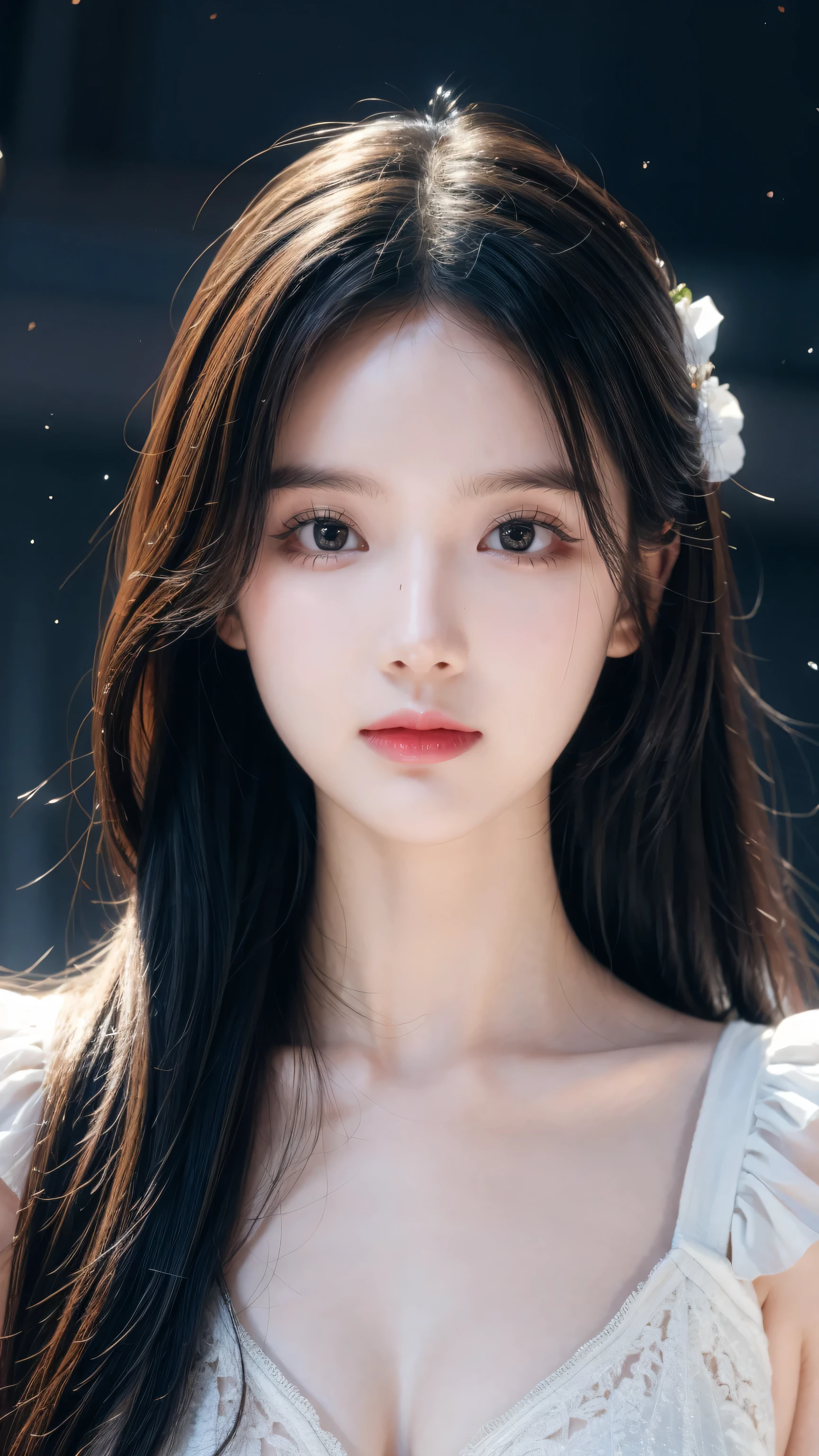 masterpiece, Amazing girl, cute girl, Break, High detail eyes, Perfect eyes, portrait, High detail face, Same eyes, glare, Rainbow Colors, Global Illumination, Soft Light, light of dreams, number, 8k Close-up, fantasy, Night Sky, Star, nebula, White crystal, moonlight, peaceful, summer, (8k:1.1)