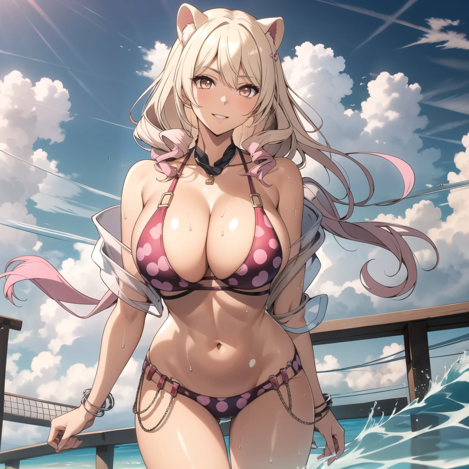 24 year old woman blonde hair with pink tips, orejas de oso, ojos rosados, piel morena, piel bronceada. piel grasa, pechos grandes , bikini rosado, accesorios, sonrisa, fondo una playa, cuerpo completo. orejas de oso, orejas de oso. clear sky sunny day. gotas de agua en su pecho.
