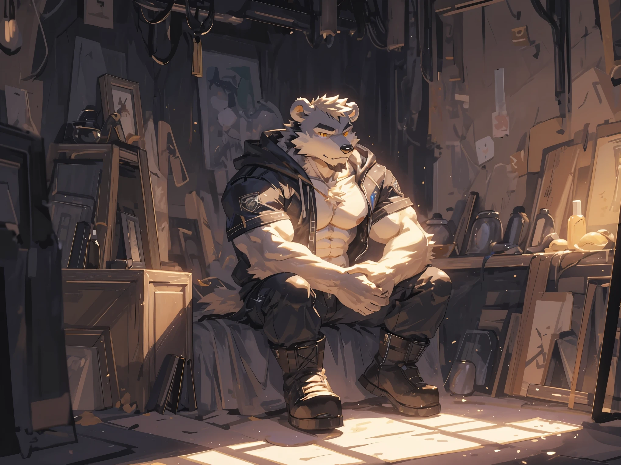 (masterpiece:1.2), best quality,pixiv,official art,perfect anatomy, (Ray tracing, light),solo, (1_male:1.3) , (muscle), (gray fur:1.4), (muscle bear), (beard:1.2), (gleaming golden eyes), Thick black eyebrows, open hoodie, (naked inside:1.2), cargo pants, (boots:1.2), portrait, sitting alone