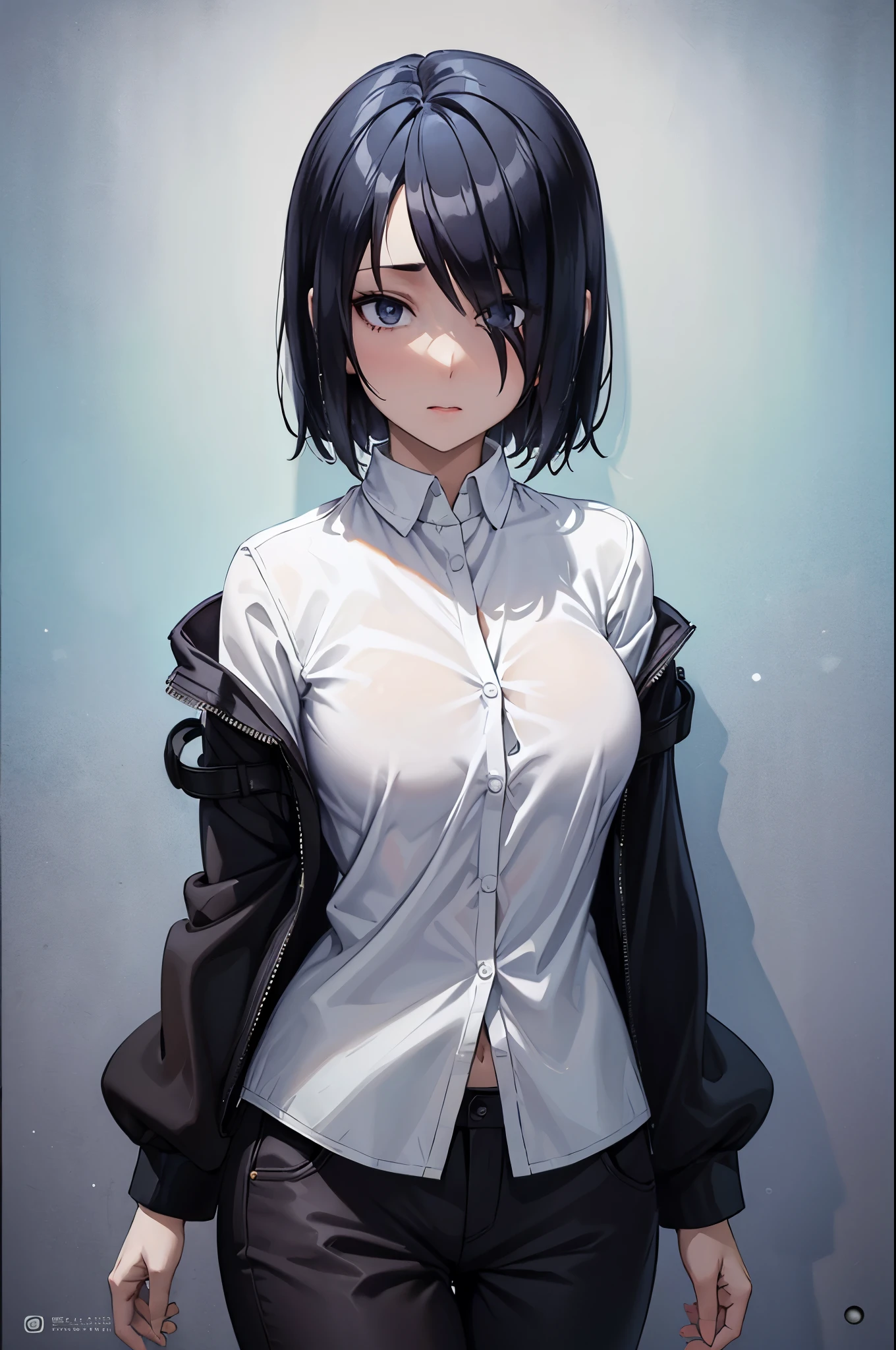 (masterpiece, best quality:1.2), expressive eyes, perfect face, highres, 1girl, solo, (female:1.5), ishigami_yuu, open jacket, white shirt, black pants, standing, upper body, looking at the viewer